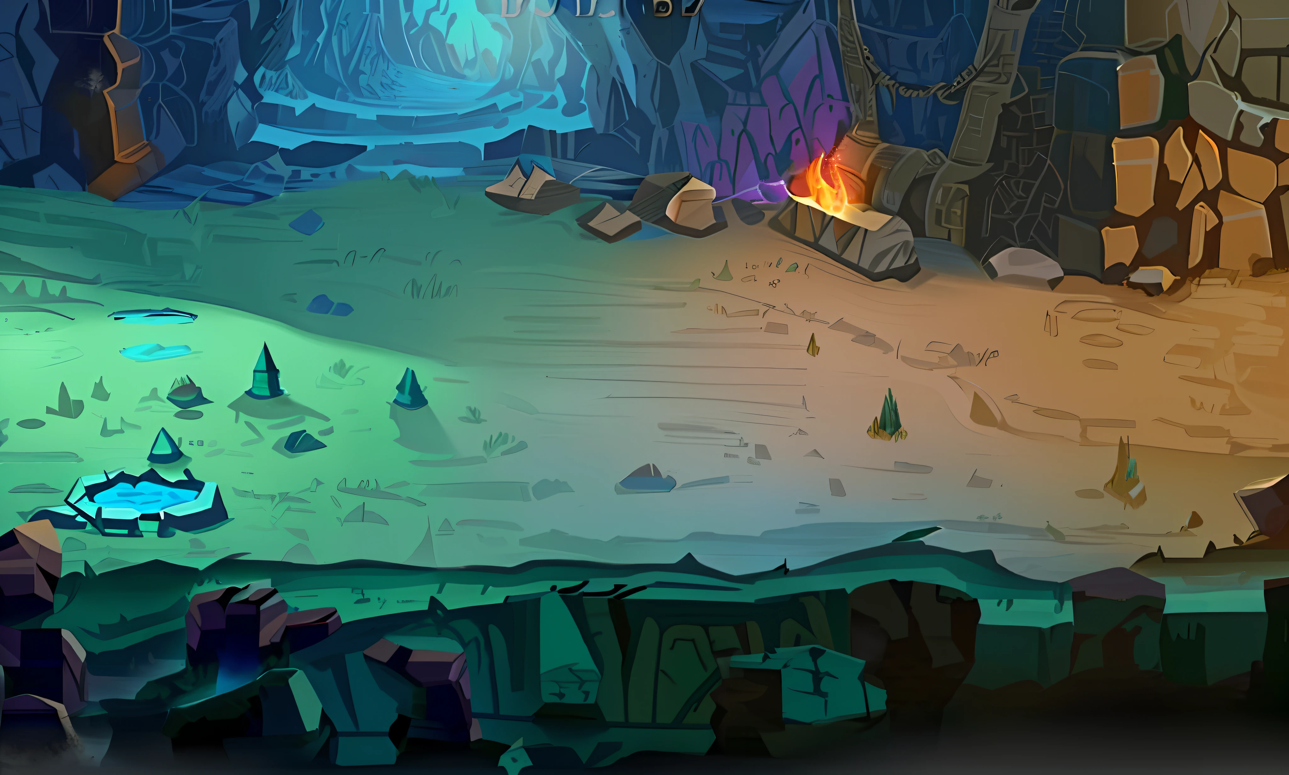 There is a cartoon scene of a cave with fire, odin's stone arena background, dungeon background, arena background, background artwork, 2 D game art background, magical battlefield background, arte de fundo, ancient ruins background, Cave background, magical battlefield backround, painted as a game concept art, in a dungeon background, Stylized game art, Mobile game background