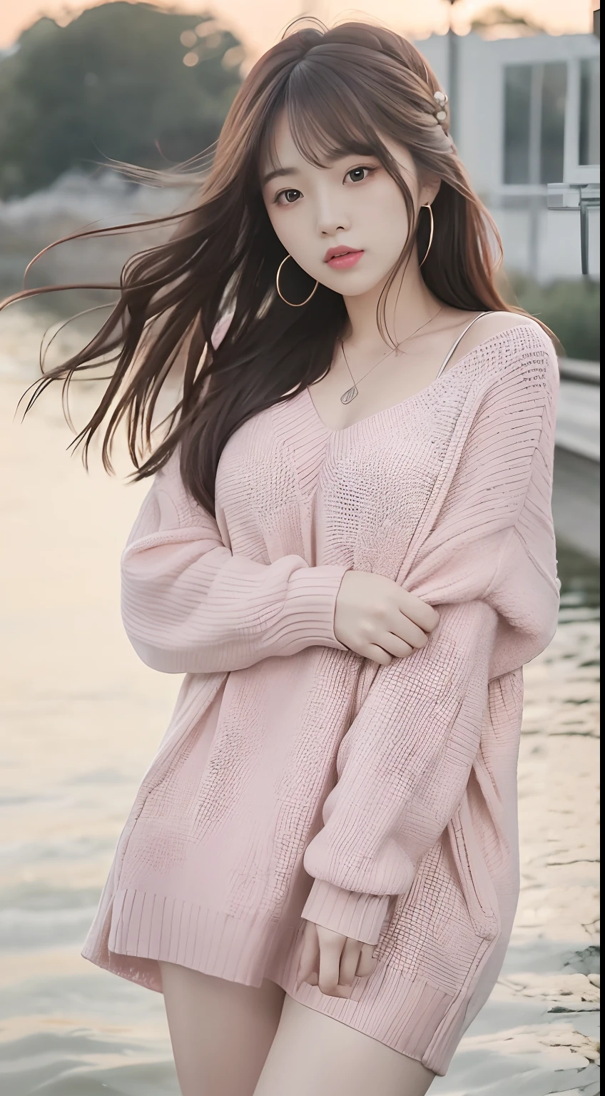 1girl walking on the river, mix4, sweater, pillow, lips, open_mouth, realistic, photo_\(medium\), solo, stuffed_animal, stuffed_toy, teddy_bear, (masterpiece), (realism: 1.3), super detailed, (High detail skin: 1.2), (Best quality: 1.0), (Ultra resolution: 1.0), (ULZZANG-6500: 0.3), wavy detail hair, long hair, sunshine, (beautiful detail makeup), (sexually aroused blush, heavy breath: 1.0), floral theme petals scattered, (soft light bloom: 0.5)