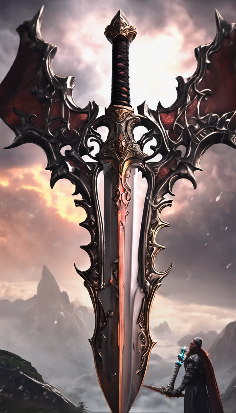 (Outstanding、Professional、Surreal)、Detailed sword, Longsword, Broadsword, cart, dark, Magic Sword, Metallic texture, Lying on the ground