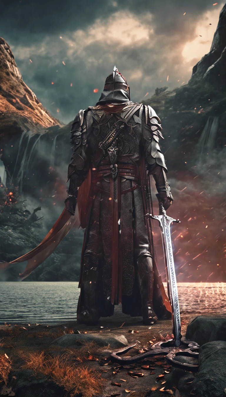 A man in armor standing on a rocky beach with a sword - SeaArt AI