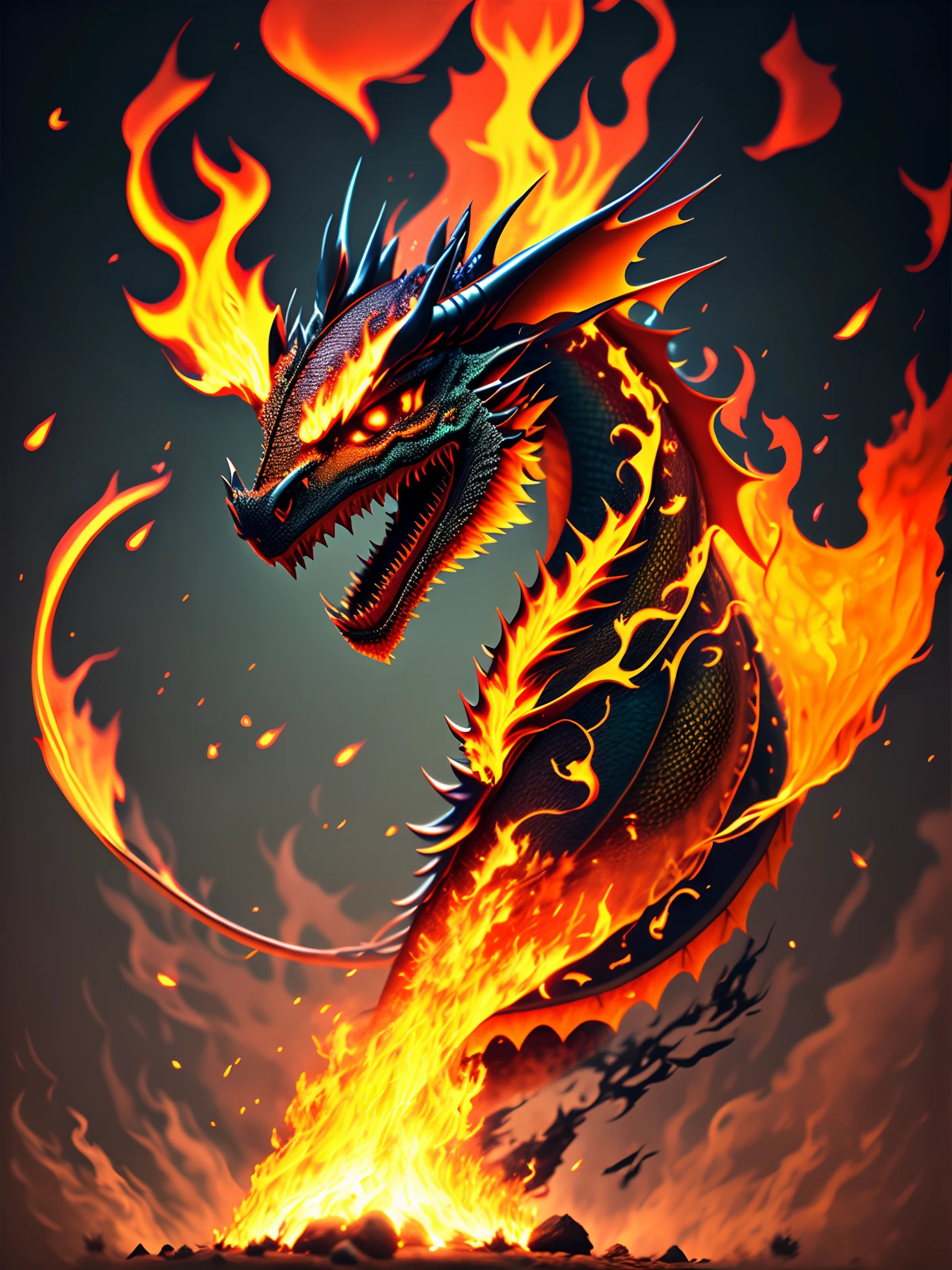 Dragon made of fire flying close up