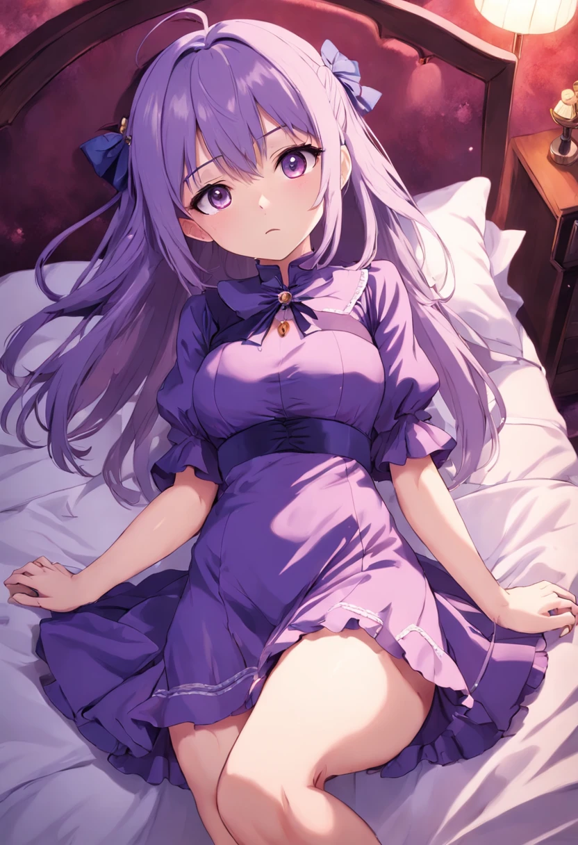 Anime girl in purple dress and stockings on bed