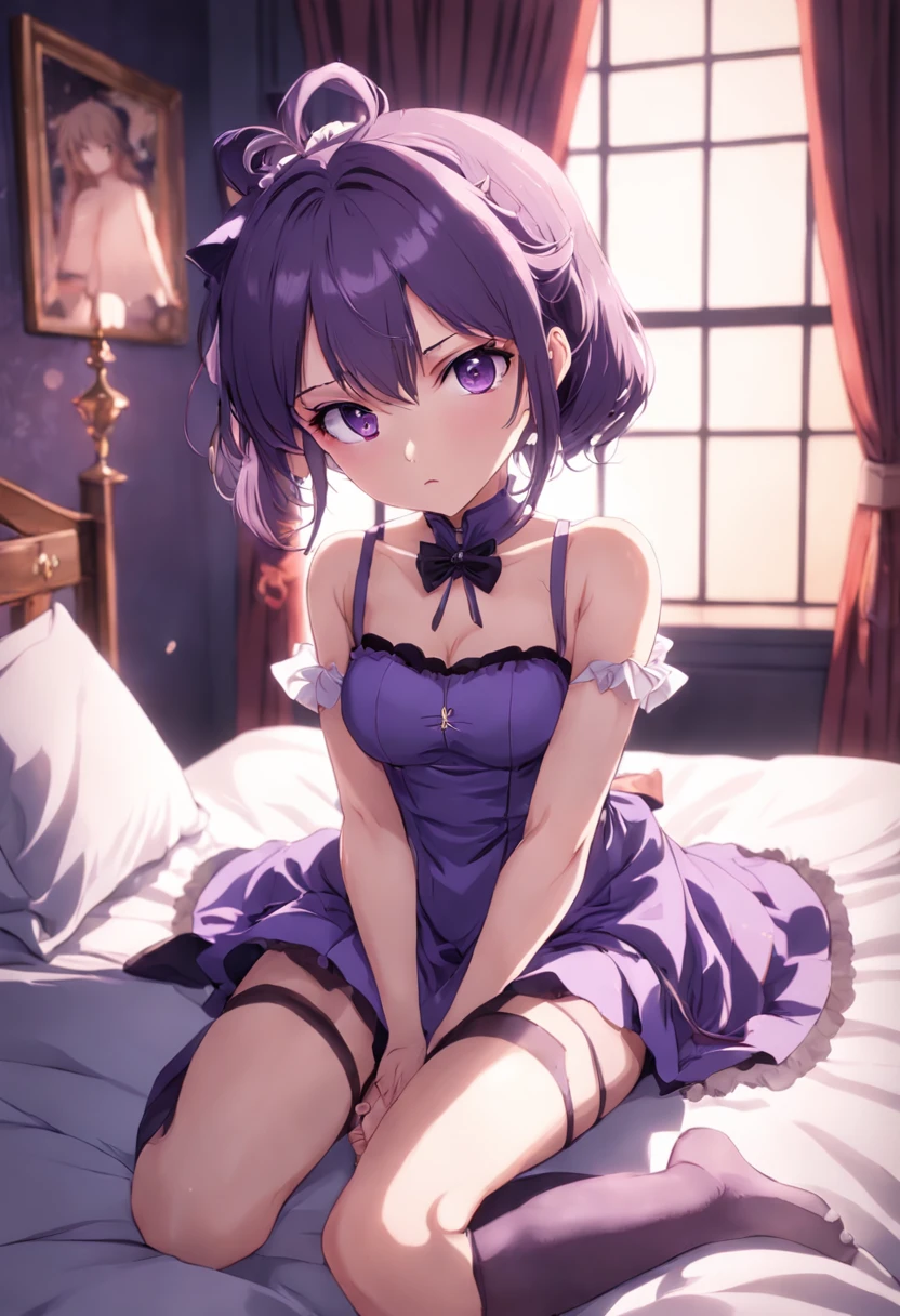 Anime girl in purple dress and stockings on bed