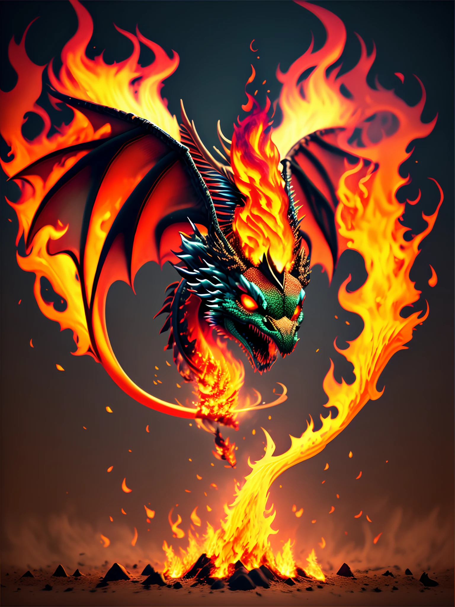 Dragon made of  fire flying close up