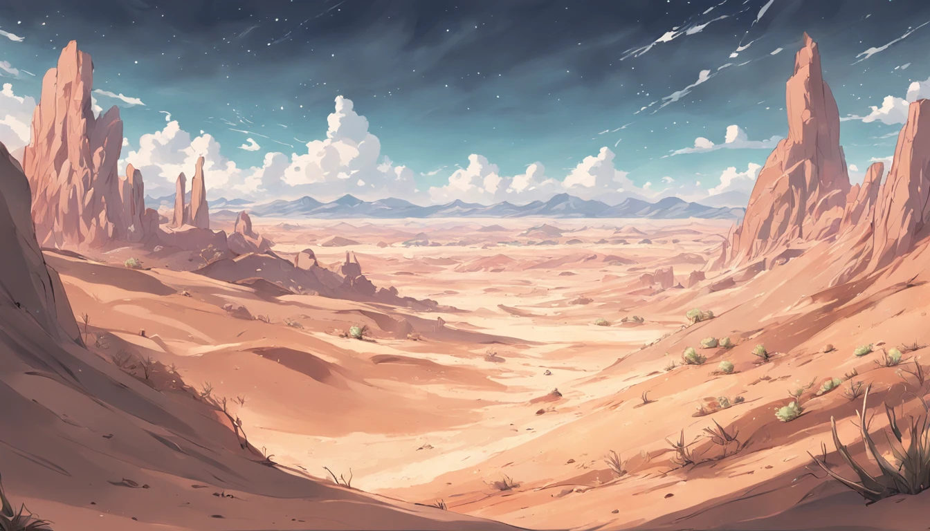 ((Vast desert)),oasis in the desert.Desert cactus ,sprawling，Empty，Sand，NOhumans，desolated