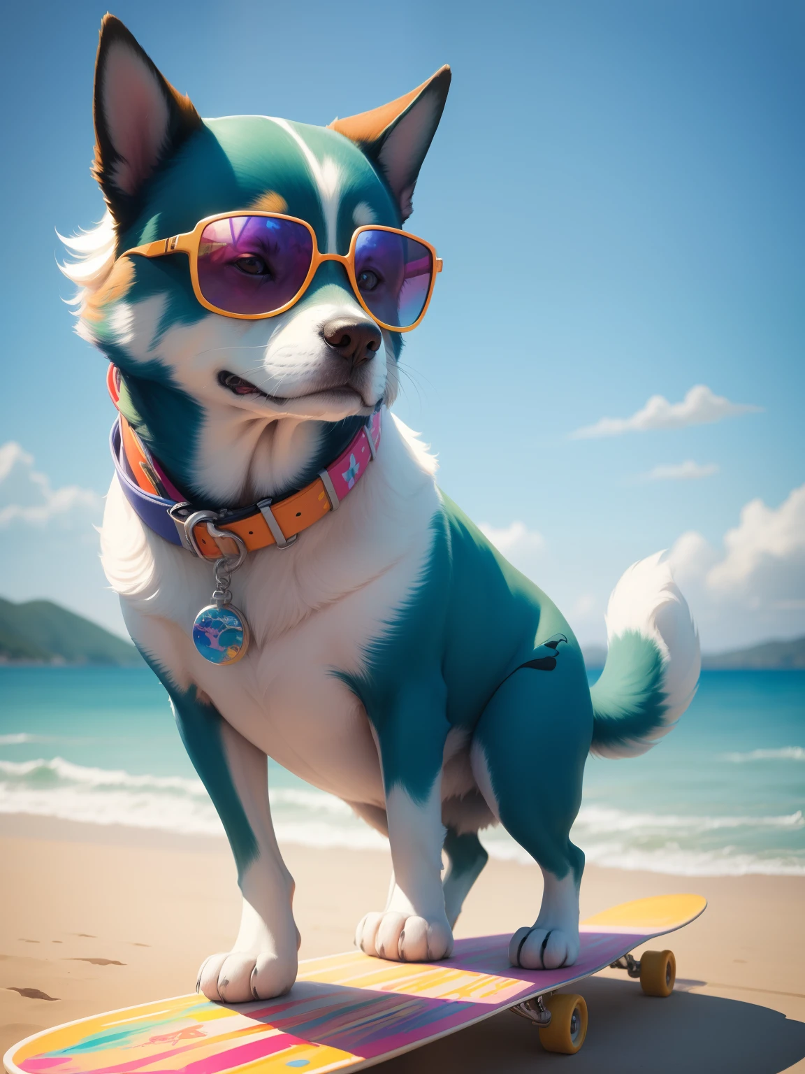 Dog wearing gradient sunglasses，On a skateboard，Bring a helmet， painted in bright water colors, animal drawing, vibrant watercolor painting, painting of cute dog， Stunning artwork, Surrealism with bright colors, plethora of colors，detail-rich, lovely digital painting, Amazing, digital art animal photo, colorful art，watercolor detailed art