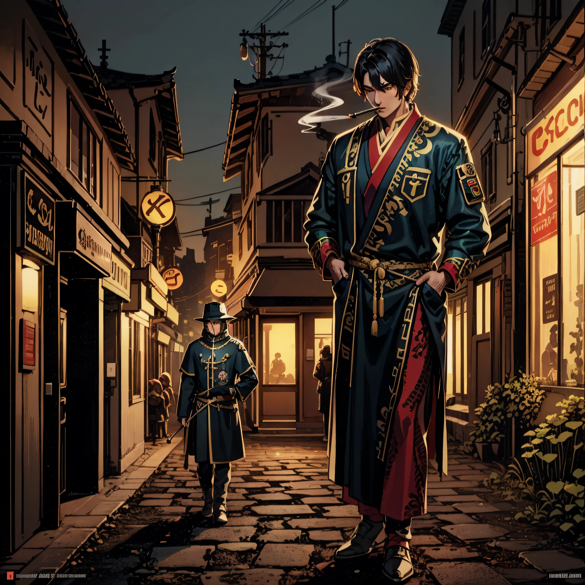 Mongolian costumes,Ranger,Architecture in the desert,There is unreadable text,Smoking on street corners,cyber punk perssonage,the night,Machinary,High quality details,Retro animation style,Character backs,darkly,Underworld elements