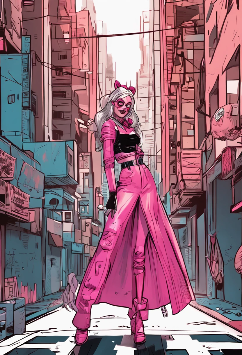Anime (tmasterpiece，4K, Ultra photo realsisim，The is very detailed），（superhero theme，Glamorous，There was a girl at the top of town，Wearing a pink Harley Quinn skirt costume，she is a villain），[（25 age old），pink skirt（Long blonde hair：1.2），White all over，（eBlue eyes：1.2），（（Harley Quinn pose），Show power，jump from one building to another），（（sandy urban environment）：0.8）|（view over city，the night，dynamic lights），（moon full））]