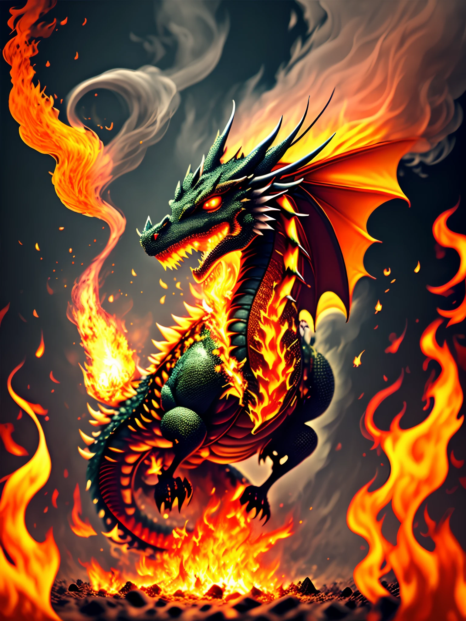 Dragon made of fire flying close up