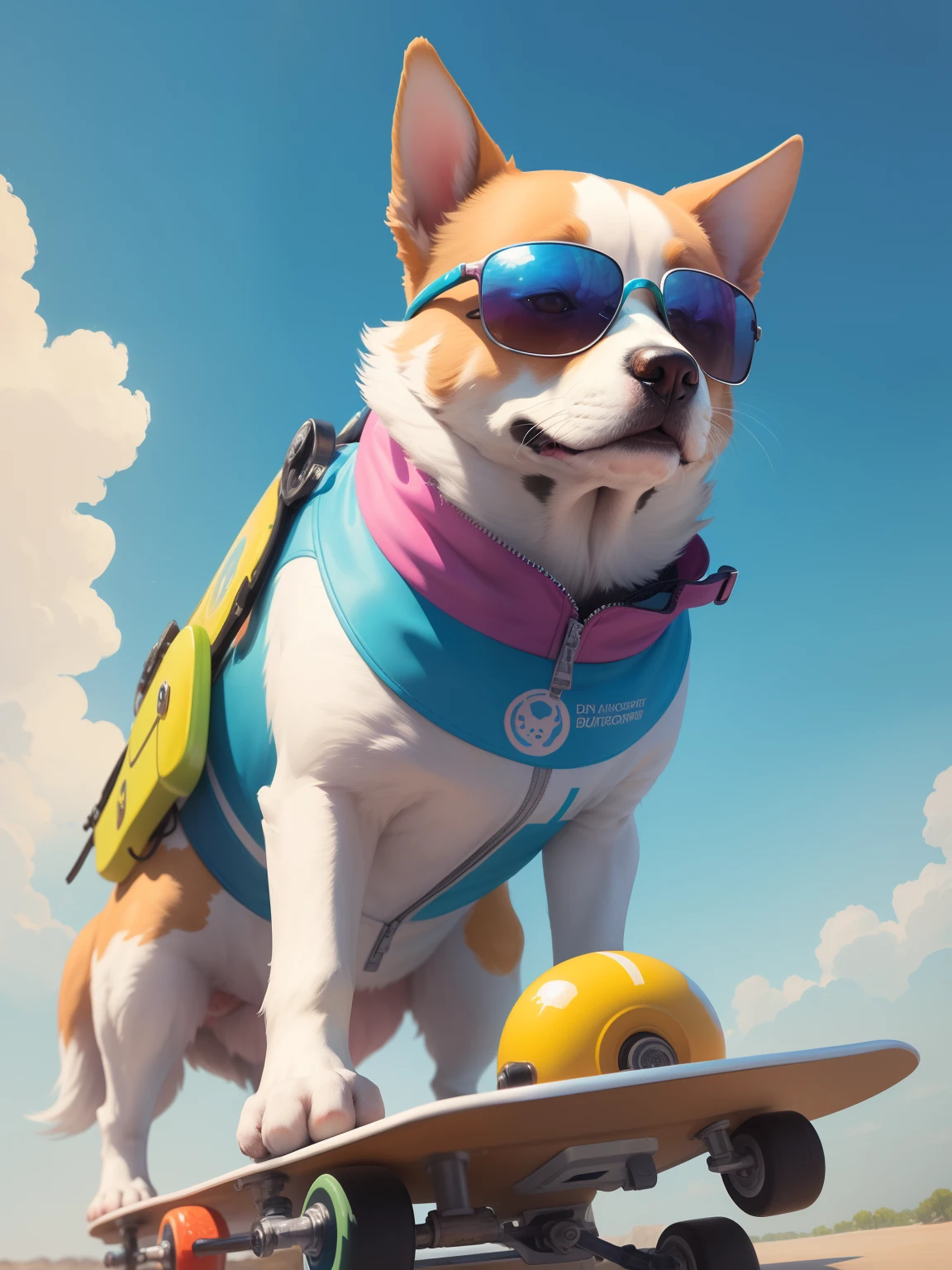 Dog wearing gradient sunglasses,On a skateboard,Bring a helmet, painted in bright water colors, animal drawing, vibrant watercolor painting, painting of cute dog, Stunning artwork, Surrealism with bright colors, plethora of colors,detail-rich, lovely digital painting, Amazing, digital art animal photo, colorful art,watercolor detailed art