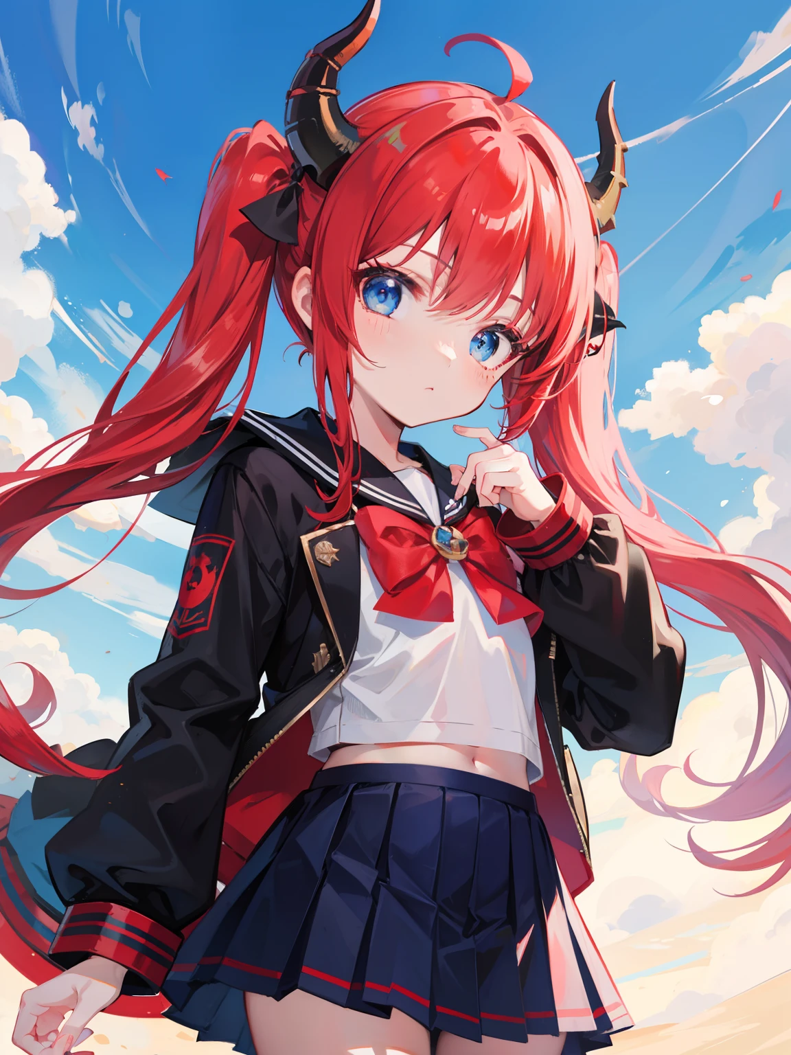 red hair, blue eyes, twintails, Sailor suit,black coat, Dragon horns,Pleated skirt,solo,loli,cute,bow