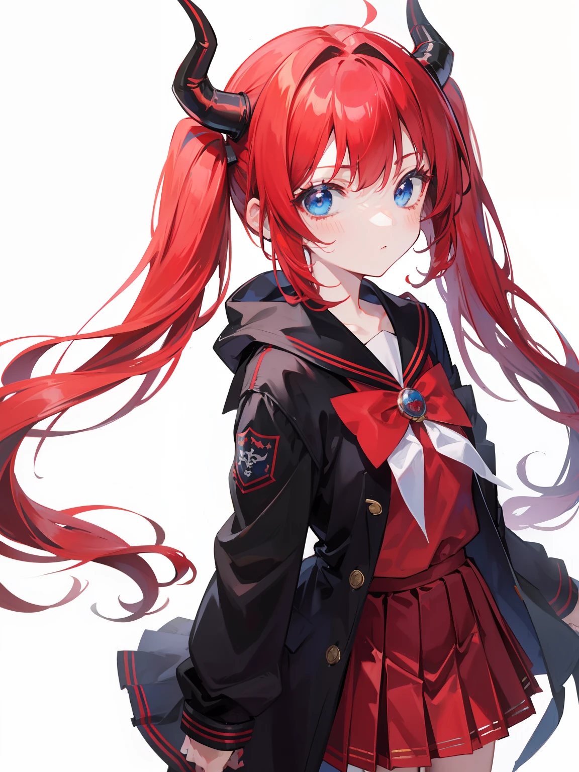 red hair, blue eyes, twintails, Sailor suit,black coat, Dragon horns,Pleated skirt,solo,loli,cute,bow