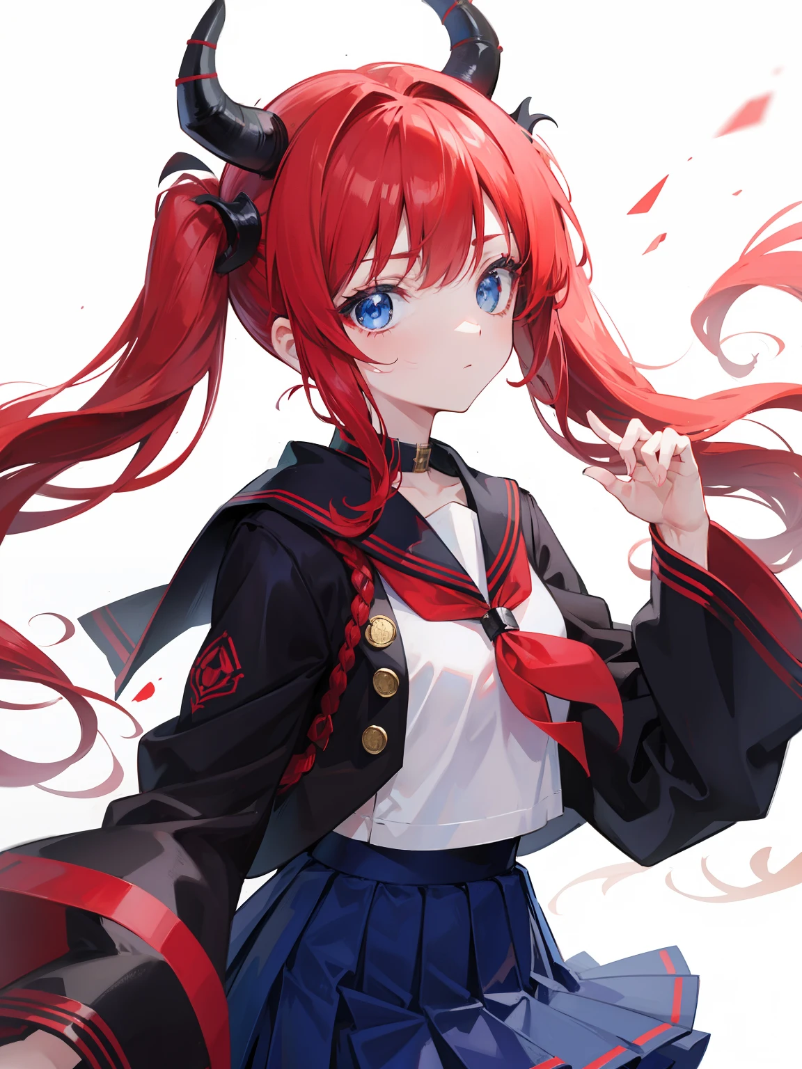red hair, blue eyes, twintails, Sailor suit,black coat, Dragon horns,Pleated skirt,solo,loli,cute,bow