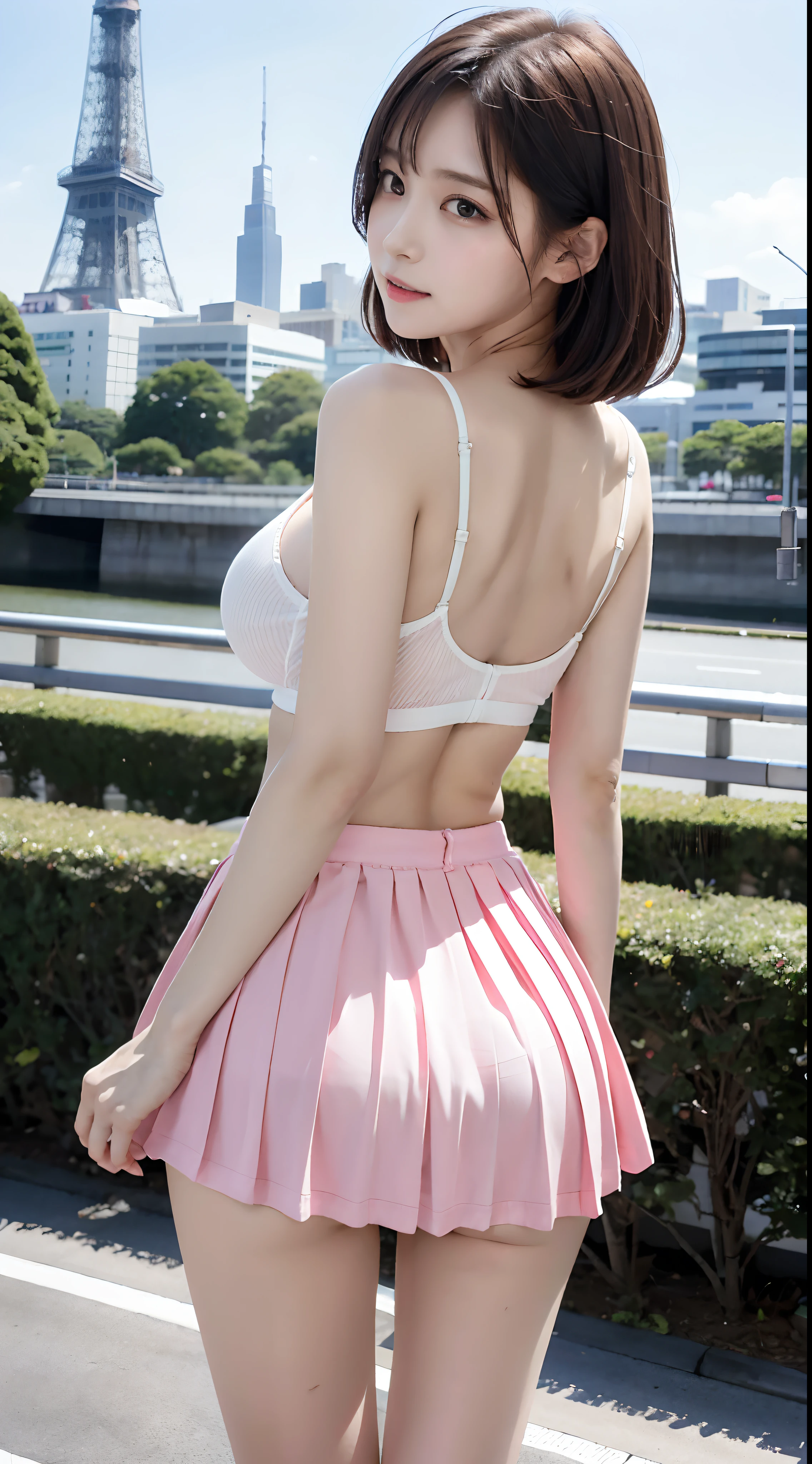 (4k, Highest Quality), (realisitic, Photorealistic), (Yakian),
1 Girl, Solo, (Attribution to viewers),
perfect hand, looking_al_viewer, fair face, Short hair, (Pretty breasts, cleavage:1.2),18 years-old、乃木坂アイドル、pornstar、韓国アイドル、gravure idol, s whole body,Pretty legs, Tight white t-shirt, Super mini pleated skirt, you can see panties, high-heel, Blurry Tokyo Tower background, Pink panties, Panty-in-skirt, skirtlift, Look from behind