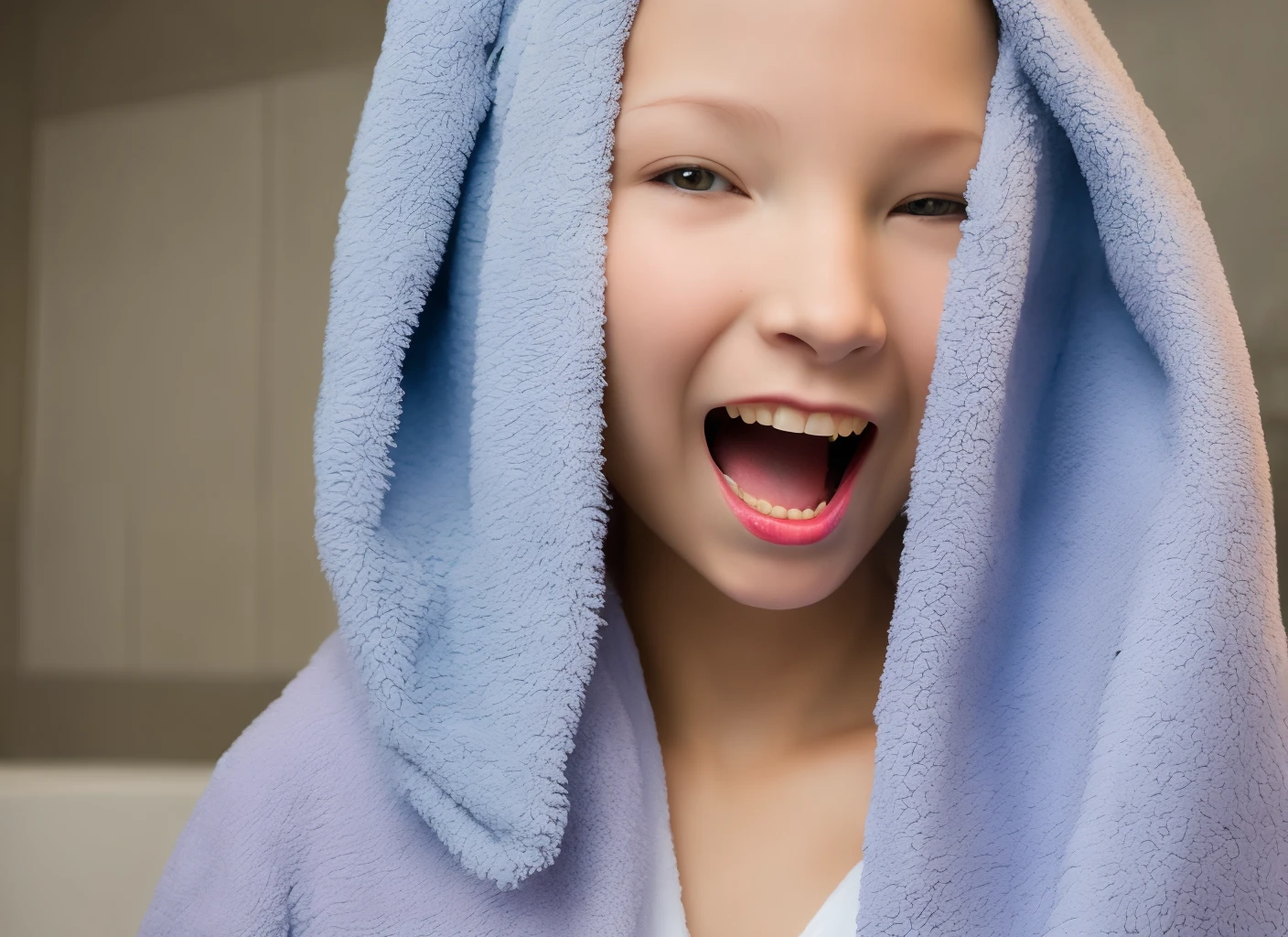 Girl gray hair blushing sticking out her tongue bath towel