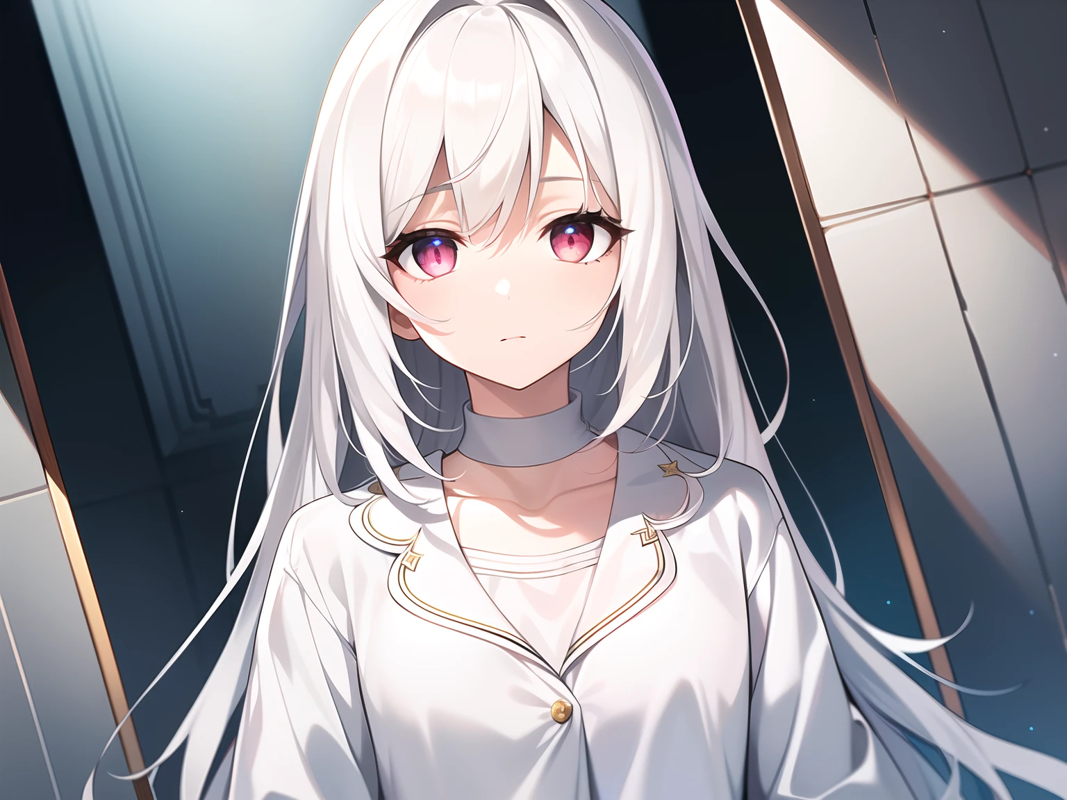 ((Masterpiece, Best quality))++, Detailed light+,  Detail hair+, detail hand+ ,1girll, woman, Long hair,   Crimson eyes,  Beautiful eyes, Young gray hair,,(Beautiful white hair:1.5),(Beautiful detailed eyes),    high resolution+,   blacksilk  ， a black skirt, Glass tones, Reflective eyes,   {{Angle}} , extremelydetailedwallpaper, Original, ,
