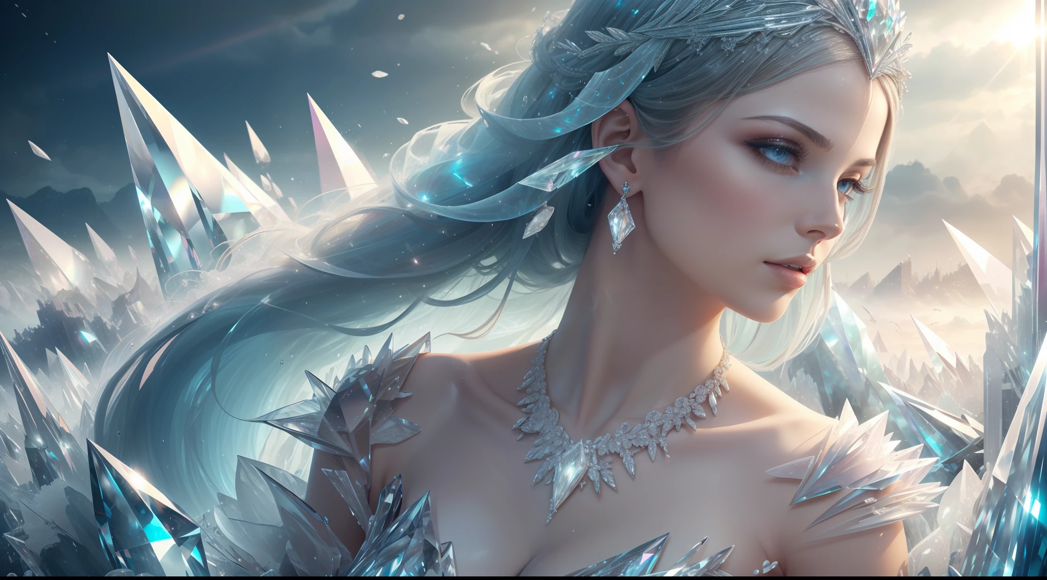 illustration, woman, blue lipstick on lips, cinematic lighti, highest quality, ultra detailed realism, detailed face, detailed eyes, best quality, hyper detailed, Works Prima, Masterpiece, Top Quality, Best, Official Art, Beautiful and Aesthetic, Long Exposure: 1 leggy and thin woman, broad and delicate shoulders, medium breasts, Charming Patterns, Icy witch woman, White , eyes covered by a veil made of ice,  Her body is covered with pieces of ice detailed in a beautiful black dress, witch, winter, ice throne, witchcraft, Tone of Magic in Blue, strong glow in neon blue, queen, majesty, in the background a blizzard covering the environment. Front portrait, full body.