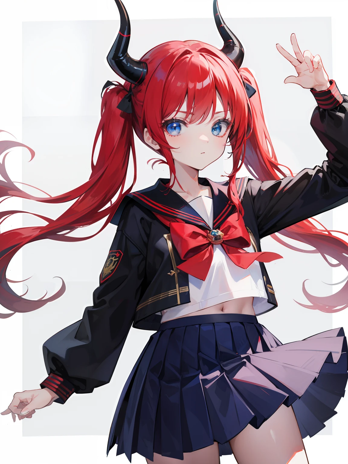 red hair, blue eyes, twintails, Sailor suit,black coat, Dragon horns,Pleated skirt,solo,loli,cute,bow