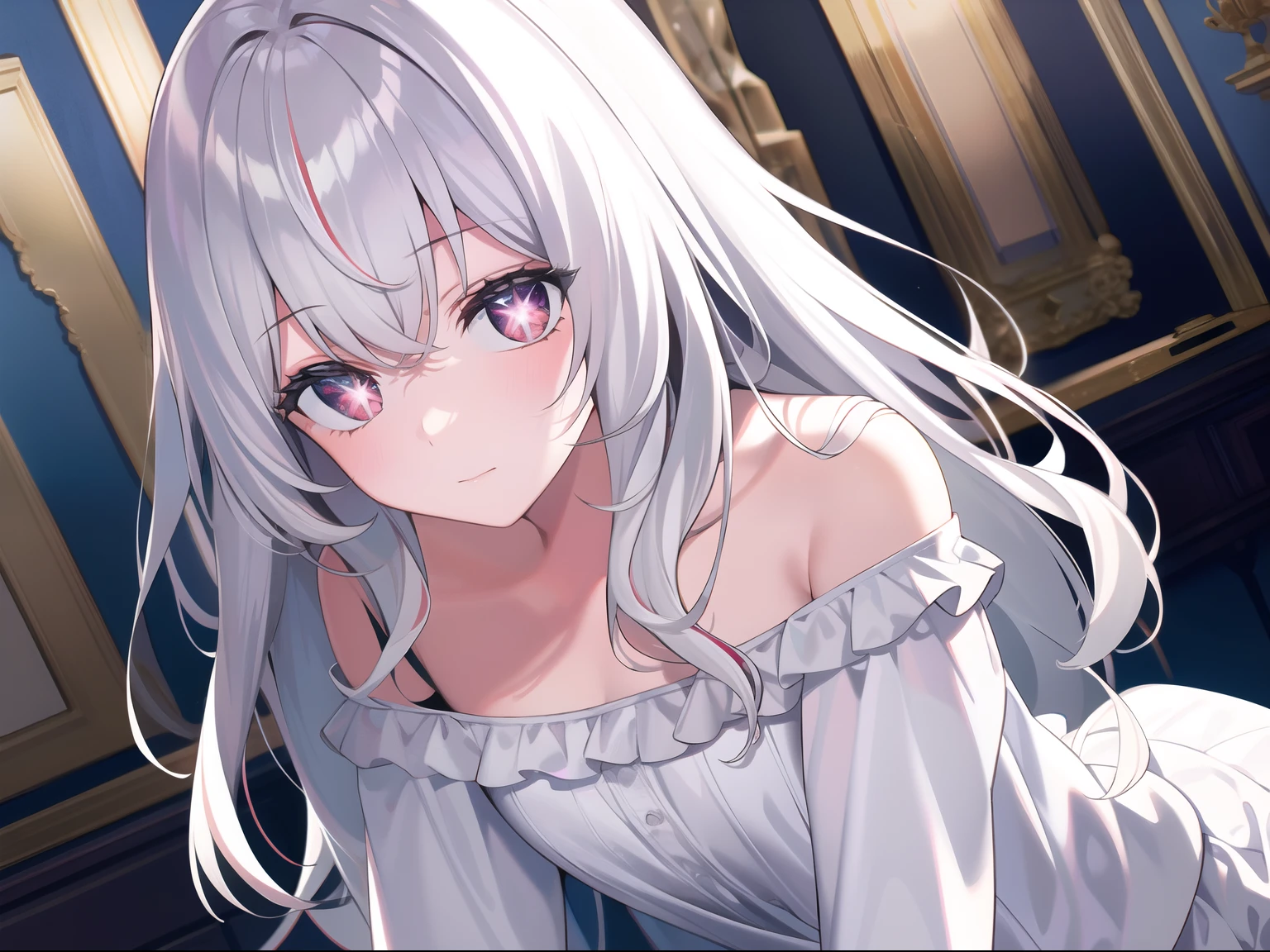 ((Masterpiece, Best quality))++, Detailed light+, Detail hair+, detail hand+ ,1girll, woman, Long hair, Crimson eyes, Beautiful eyes, Young gray hair,,(Beautiful white hair:1.5),(Beautiful detailed eyes), high resolution+, blacksilk , a black skirt, Glass tones, Reflective eyes, {{Angle}} , extremelydetailedwallpaper, Original, ,