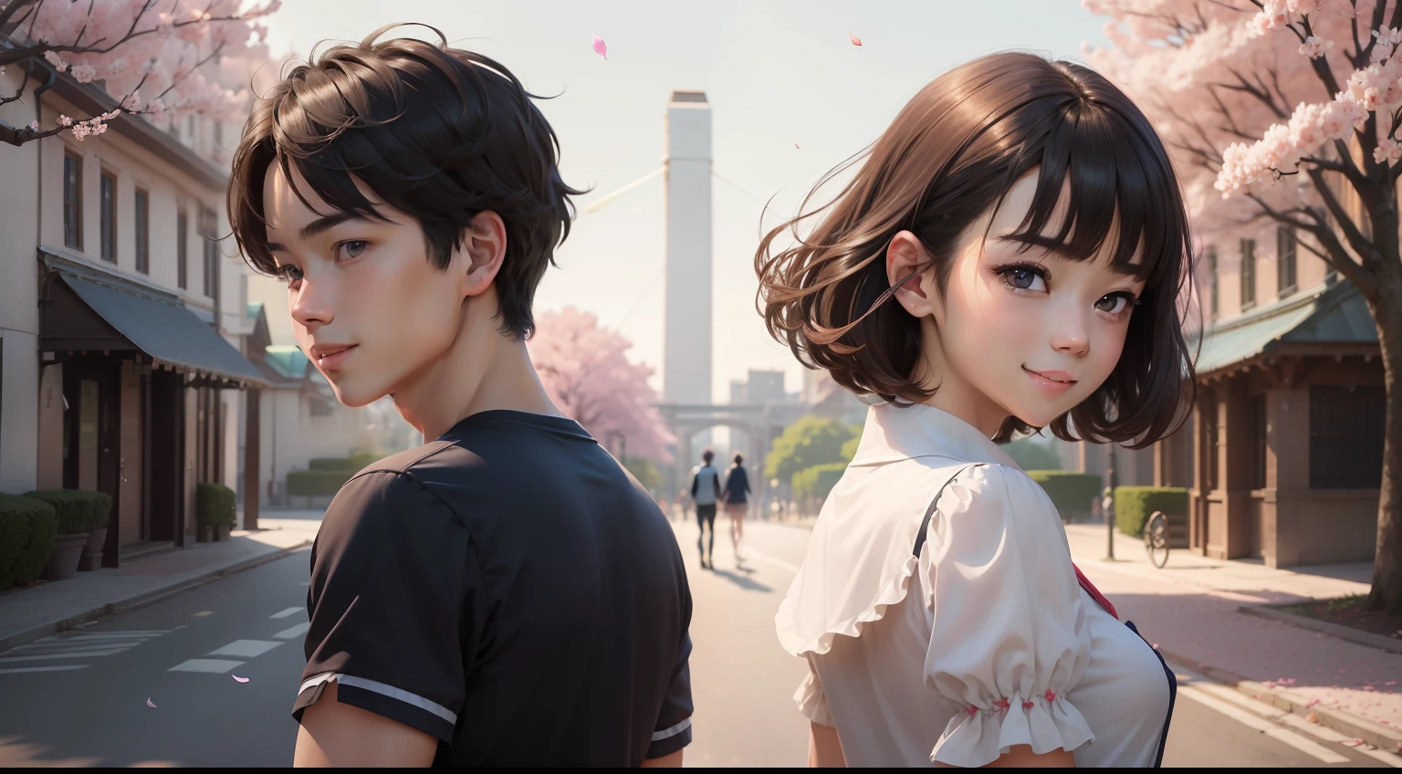 (absurderes、hight resolution、ultra-detailliert)、​masterpiece、top-quality、Upper body, Vista, One boy and one girl, Back-to-back, student clothes, Smile, cherryblossom, flower petals, skyporn, campus、By Shinkai Makoto