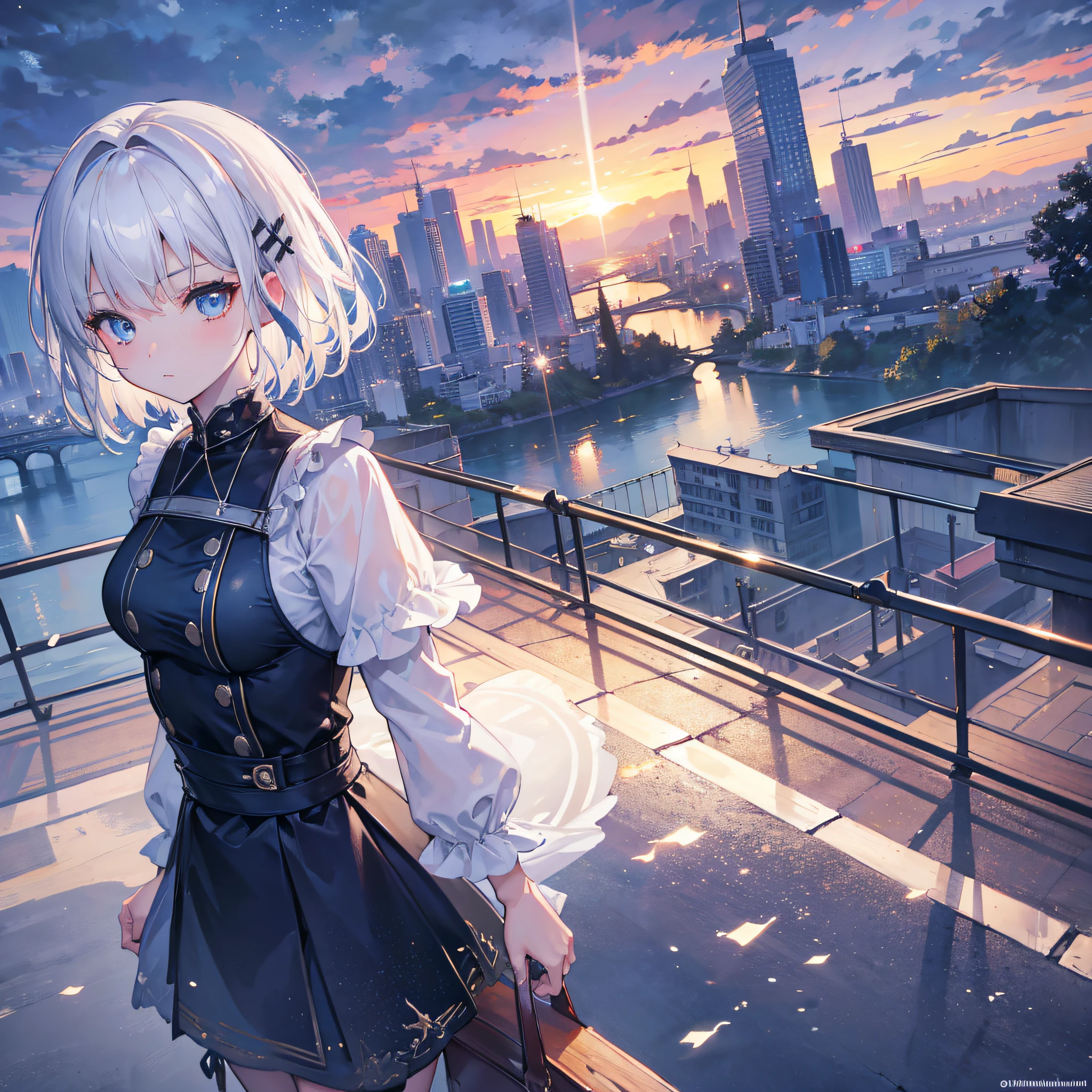 highly detailed background,8K , masterpiece,ultrasharp,high res,(masterpiece:1.3),(best quality),(ultra-detailed),8k,semi-realistic,4k,RTX,shaders,brilliant texture work,great lightning , beautiful shaders,1 girl , platinum hair, blue eyes, looking at viewer , cute, hairpin,SHORT HAIR, sunset, detailed skies, detailed + extra lightning+ shaders, , magnificent view,far view,wearing normal clothes