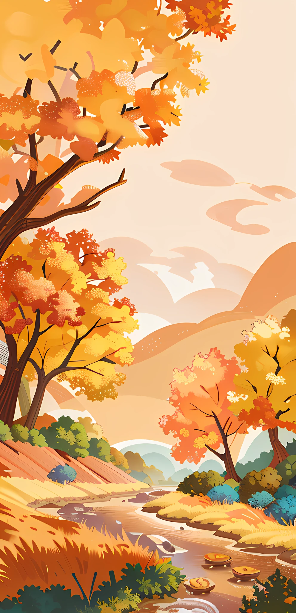 There is a caricature of a river flowing through a field, Autumn background, background artwork, wind blowing leaves, wind blowing leaves, autumn mountains, autumn forest, Landscape illustration, arte de fundo, Autumn! colours, Autumn wind, Detailed scenery —width 672, 2d matte illustration, Flat illustration, autumn field, Colorful illustration, A beautiful artwork illustration