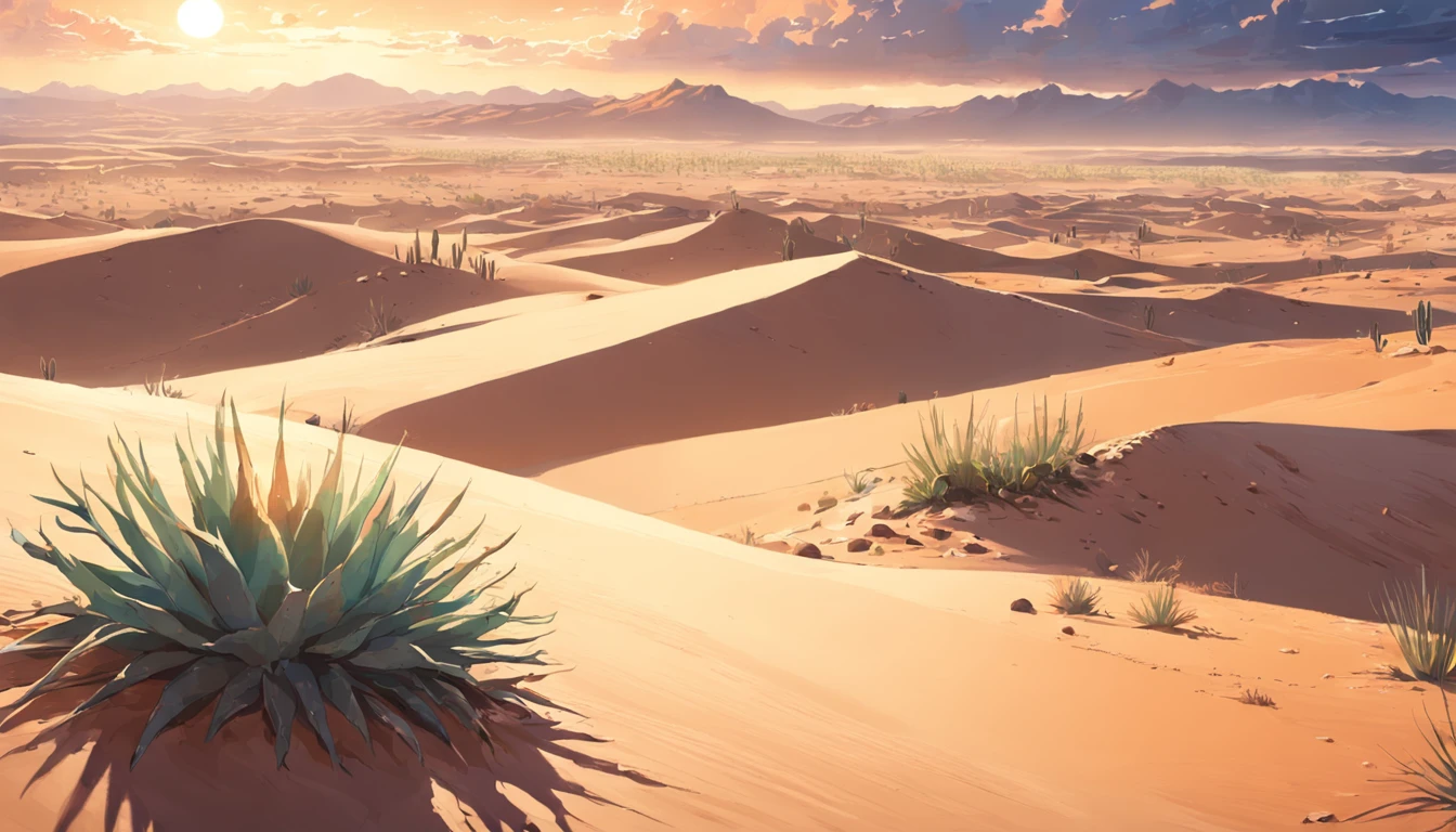 ((Vast desert)),oasis in the desert.Desert cactus ,sprawling，Empty，（Sand），（NOhumans），desolated，blurryforeground，depth of fields，k hd，Detailed details，Best Picture Quality，