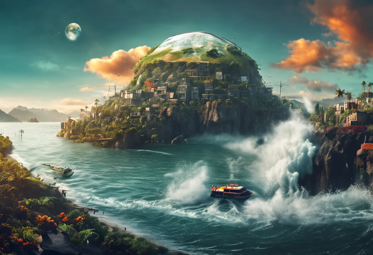 Massive climate change and rising water levels, tsunami, And the floating island that stands on top of it