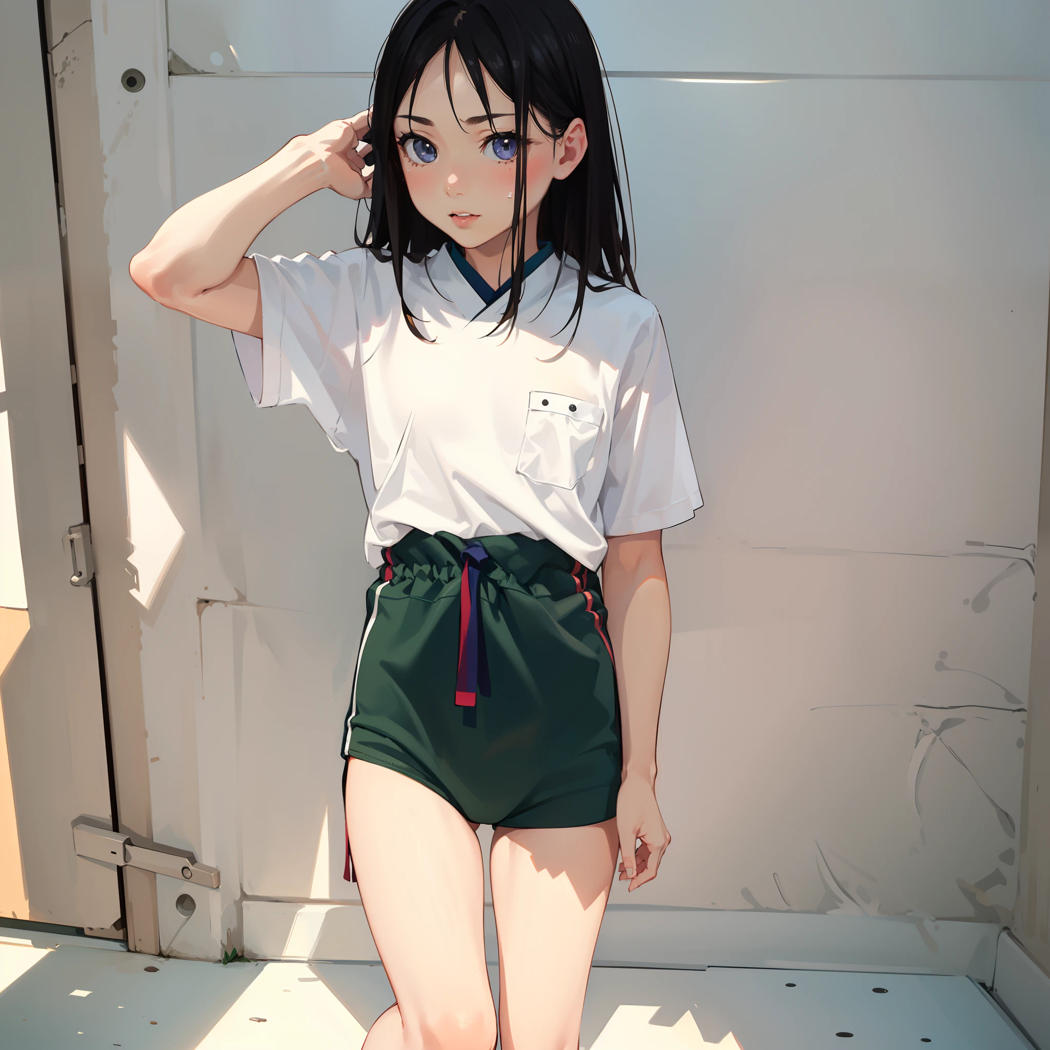 very cute female :1.1,10 yo,japanese gym-suit:1.8,dutch angle shot,ground-level shot,low angle,full body shot,medium shot,Barefoot,Summer,day, Long hair,flat chest,Wind,Drooping sweat:1.1,(4K), (Raw photo: 1.2), (Realism: 1.4), (masutepiece: 1.3), (exquisite detailing: 1.2), Delicate and beautiful details, (Eye Detail), (Facial Detailed), (Highest Quality) :1.4), (Hyper-Resolution: 1.2),(very detailed illustration), Best Quality,depth of fields, Wide light, natural shadows