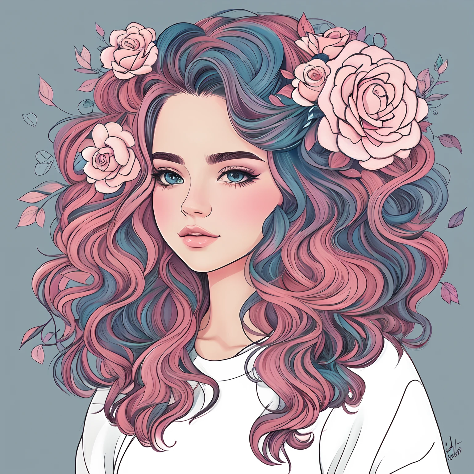 uma menina com cabelos longos e rosas no cabelo, No estilo de arte de Bowater, Estilo de desenho bonito, rosas no cabelo, trending on artstration, estilo de arte bonito, estilo de arte impressionante, Cabelo rosa, Estilo de arte anime bonito, in illustration style digital, estilo de arte loish, retrato colorido detalhado, pintura estilo pastel, arte digital detalhada bonito