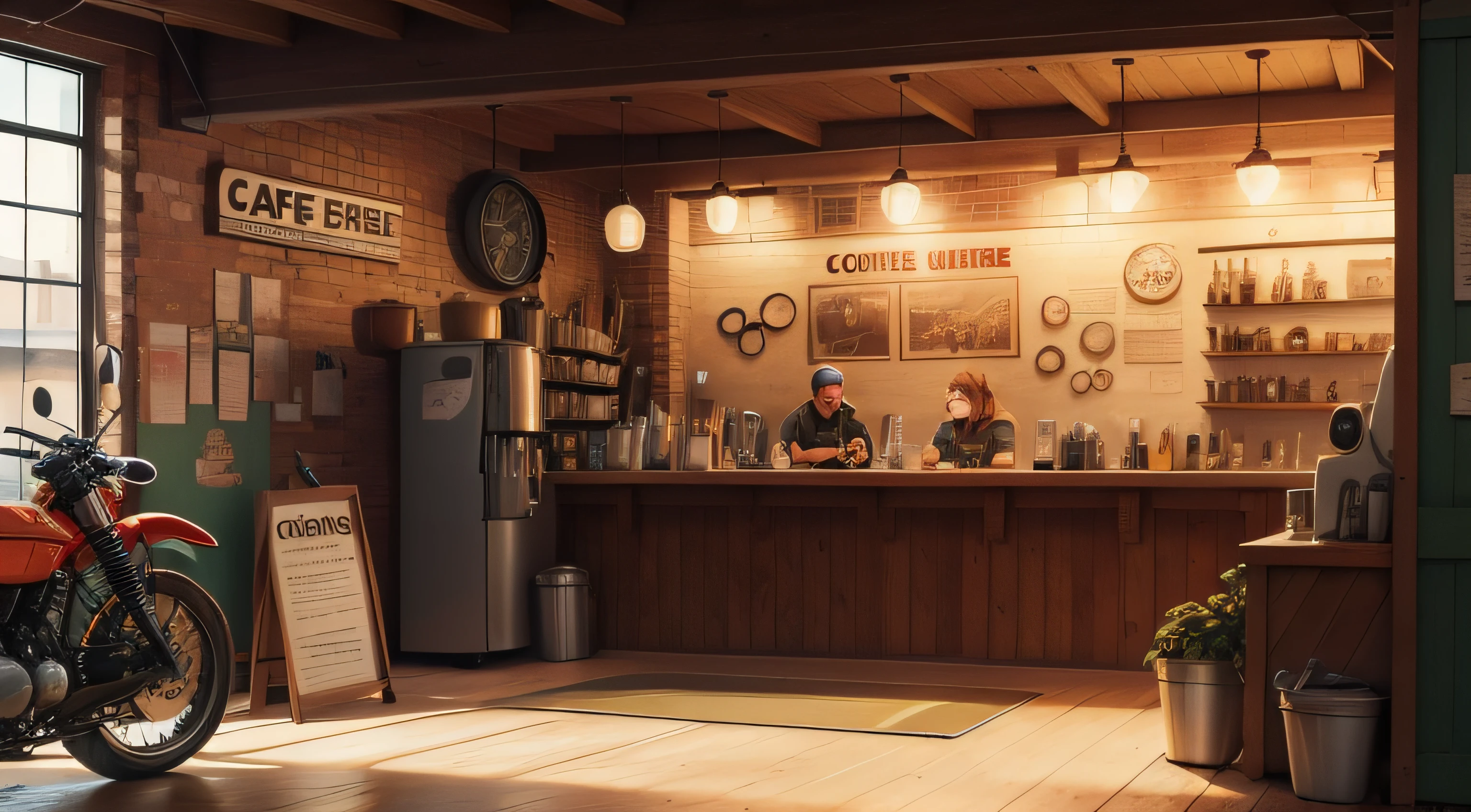 cartoon , interior close one coffee counter of a motorcycle repair shop downtown