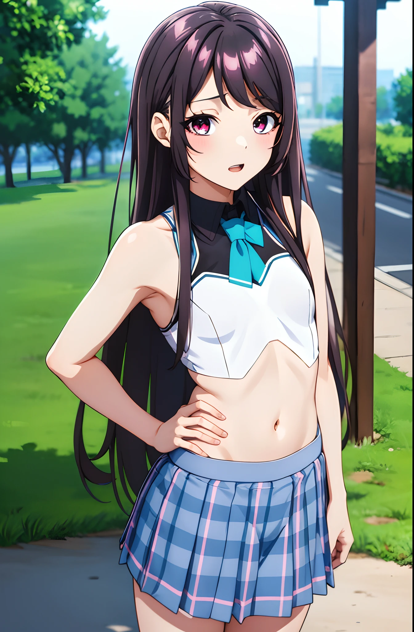 KaoriHojo, GIRL, (Masterpiece: 1.1), (Best Quality: 1.1), Upper Body Bikini, (White Bikini: 1.1), (Plaid Skirt: 1.1), High Waist Skirt, Blake [Green Grass: Pink, :0.5] Themed, (Urban Background: 1.1), Denim Lenses, Blake Silver, Long, Green Eye, Landscape, small chest, short height, ***********, flat chest, small