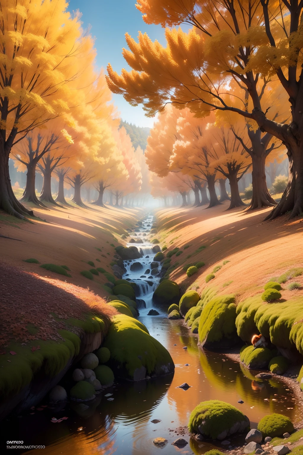 Unique autumn landscape, , bosque frondoso de vegetacion, arboles, ciervos, Little birds squirrels, luces suaves, cimematografico, gran calidad 8k, colores suaves, hiperrealista