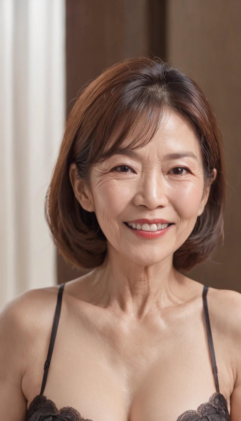 ((aunt:1.1))、(Old face:1.1)、((Beautiful Japan 55 years old naked、A smile、Laughter wrinkles、kneeing on bed、in a luxury hotel、Beautiful Western-style suite with luxurious décor))、Purple bra and purple panties、(Slender Body 1)(very small breasts)(Saggy)Gravure photography、Photo Pose、(Shiny face、Sexy face、美丽的面容)、Wrinkles at the corners of the eyes、Shorthair、full body photographed、55-year-old married woman、real looking skin、Photo Real、detailed picture、high-level image quality、、Precise images、full body photographed