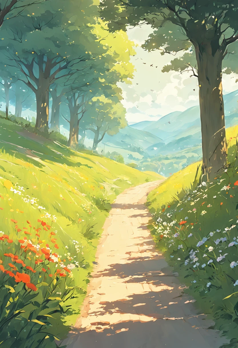 There is a painting of a country road with flowers and trees, a digital painting by JoWOnder, shutter inventory, Digital art, lush countryside, Landscape illustration, Valle exuberante, Valle encantador, arte de fundo, anime countryside landscape, beautiful summer landscape, lush scenery, painted landscape, Dreamy landscape, National landscape, flowing hills, beautiful english countryside, English countryside,Close-up
