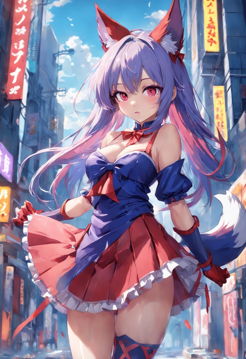 movie shots quality, 1girl, sweaty skin, naughty, , purple eyes, OP1, perfect anatomy, ANIMAL EARS, HAIRCLIP, STREAKED HAIR, HAIR BOW, JESTER CAP, FOX TAIL, THIGHHIGHS, NAVEL CUTOUT, MISMATCHED LEGWEAR, ELBOW GLOVES, RED GLOVE, BARE SHOULDERS, VERTICAL STRIPES, SKIRT, DRESS, 4k, ultimate quality, sharp, crips, focus, lucid, unblurry, (oil painting),