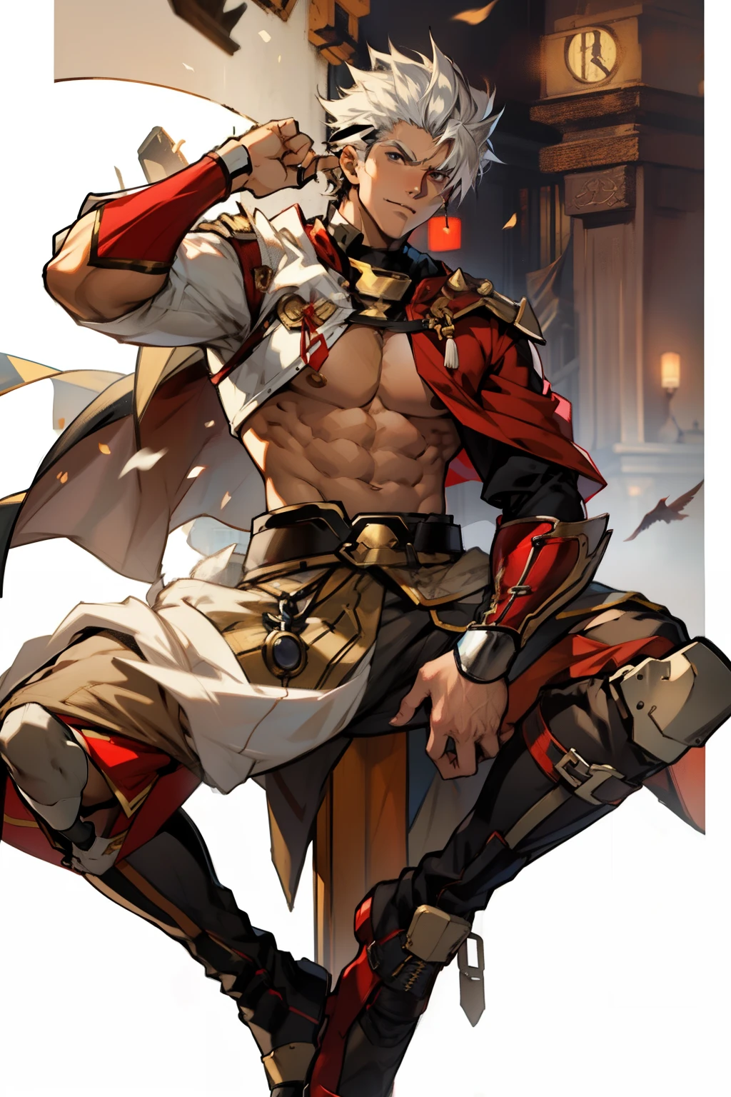 The highest image quality,male people,,1 young boy,young and handsome,Shoun,white hair,short straight hair,darkskin,Anime big breast,anime wallpaper,standing alone,male focus,underpants,Dilation of the pectoral muscles,red cloak,protruding crotch,Urban Background,spread their legs,sexly,(master part, best quality),long white socks,Red Martin Boots,no shirt, green eyes.