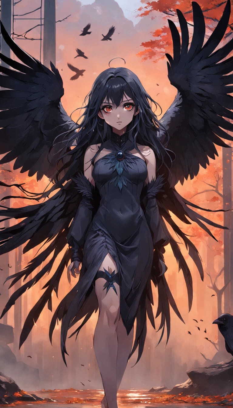 masterpiece, best quality, movie still, 1girl, monstergirl, crow woman, full body, portrait, detailed (eyes), long (hair), perfect body, proportional body, crow|raven wings, deep look, wearing (pants:1.5), close-up, cold soft lighting, sunset, (aura:0.7)