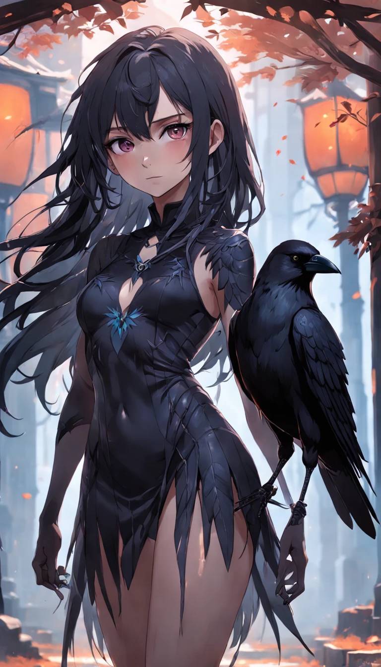 masterpiece, best quality, movie still, 1girl, monstergirl, crow woman, full body, portrait, detailed (eyes), long (hair), perfect body, proportional body, crow|raven wings, deep look, wearing (short dress and (pants:1.1)), close-up, cold soft lighting, sunset, (aura:0.7)
