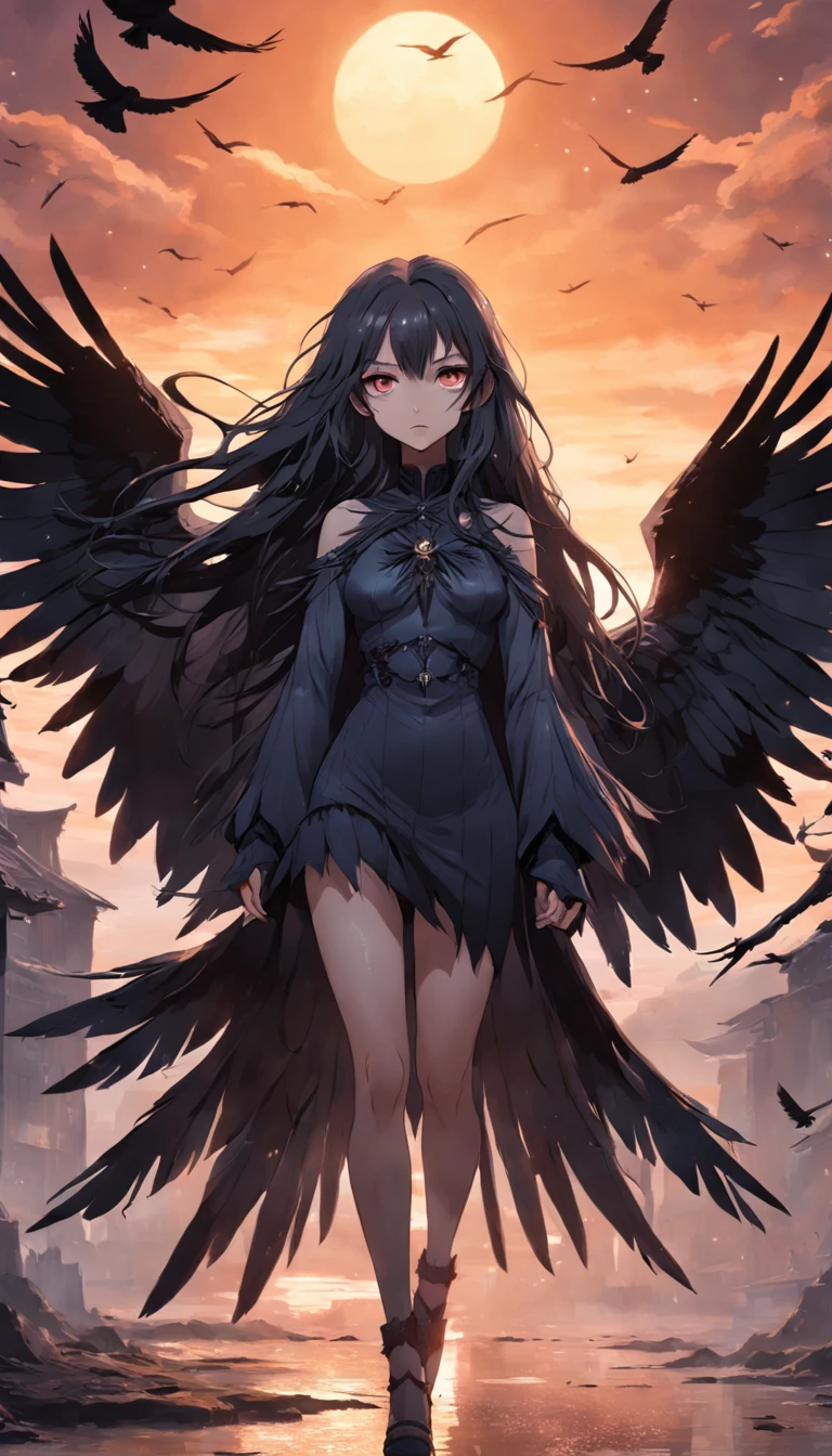 masterpiece, best quality, movie still, 1girl, monstergirl, crow woman, full body, portrait, detailed (eyes), long (hair), perfect body, proportional body, crow|raven wings, deep look, wearing (short dress and (pants:1.1)), close-up, cold soft lighting, sunset, (aura:0.7)