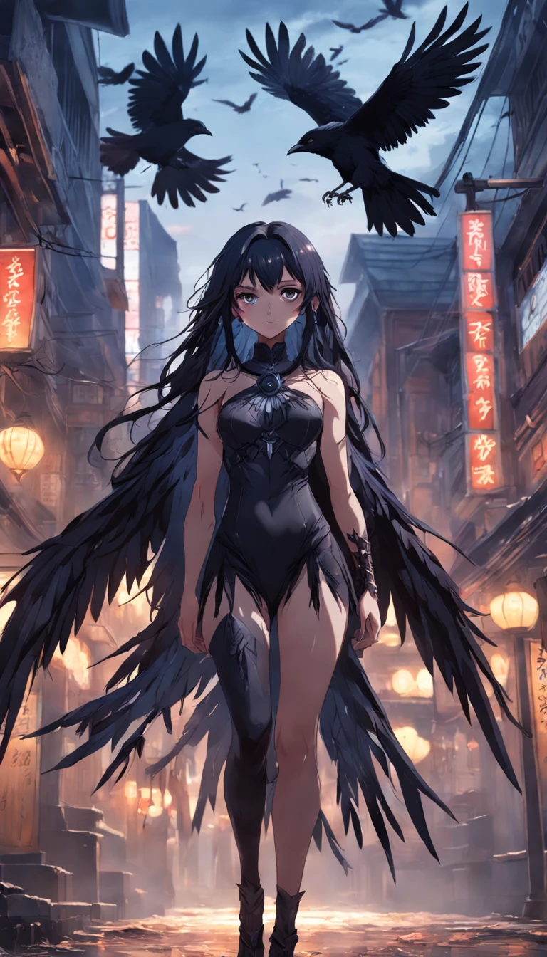 Masterpiece, Best quality, cinematic Film still from, 1girll, monstergirl, Raven woman, full bodyesbian, Portrait, Detailed (Eyes), Long (Hair), Perfect body, Proportional body, crow|raven wings, deep look, Wearing (Tops and pants), Close-up,  Cool soft lighting, Sunset, (Aura:0.7)