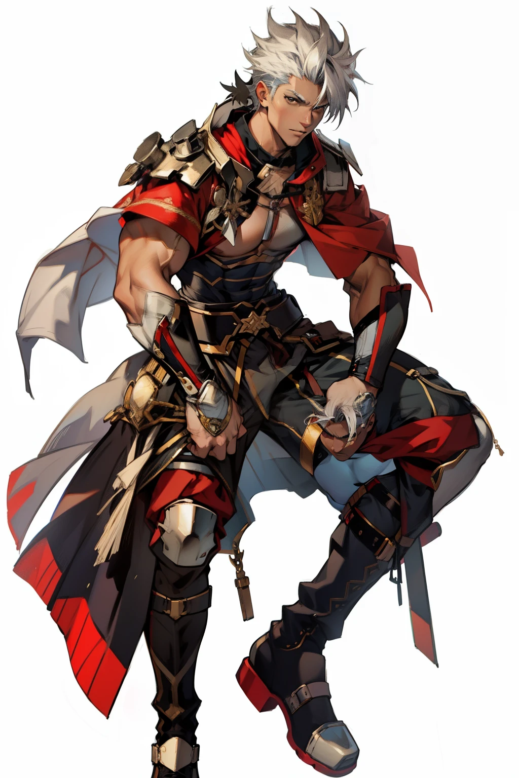 Highest image quality，male people，，1 boy，Young and handsome，shoun，White color hair，Short flat top hair，Dark  skin，anime big breast，anime wallpaper，Solo，malefocus，Briefs，Dilation of the pectoral muscles，Red cape，Bulging crotch，Urban background，spread their legs，Sexy,(Masterpiece, Best quality),Long white socks，Red Martin boots，