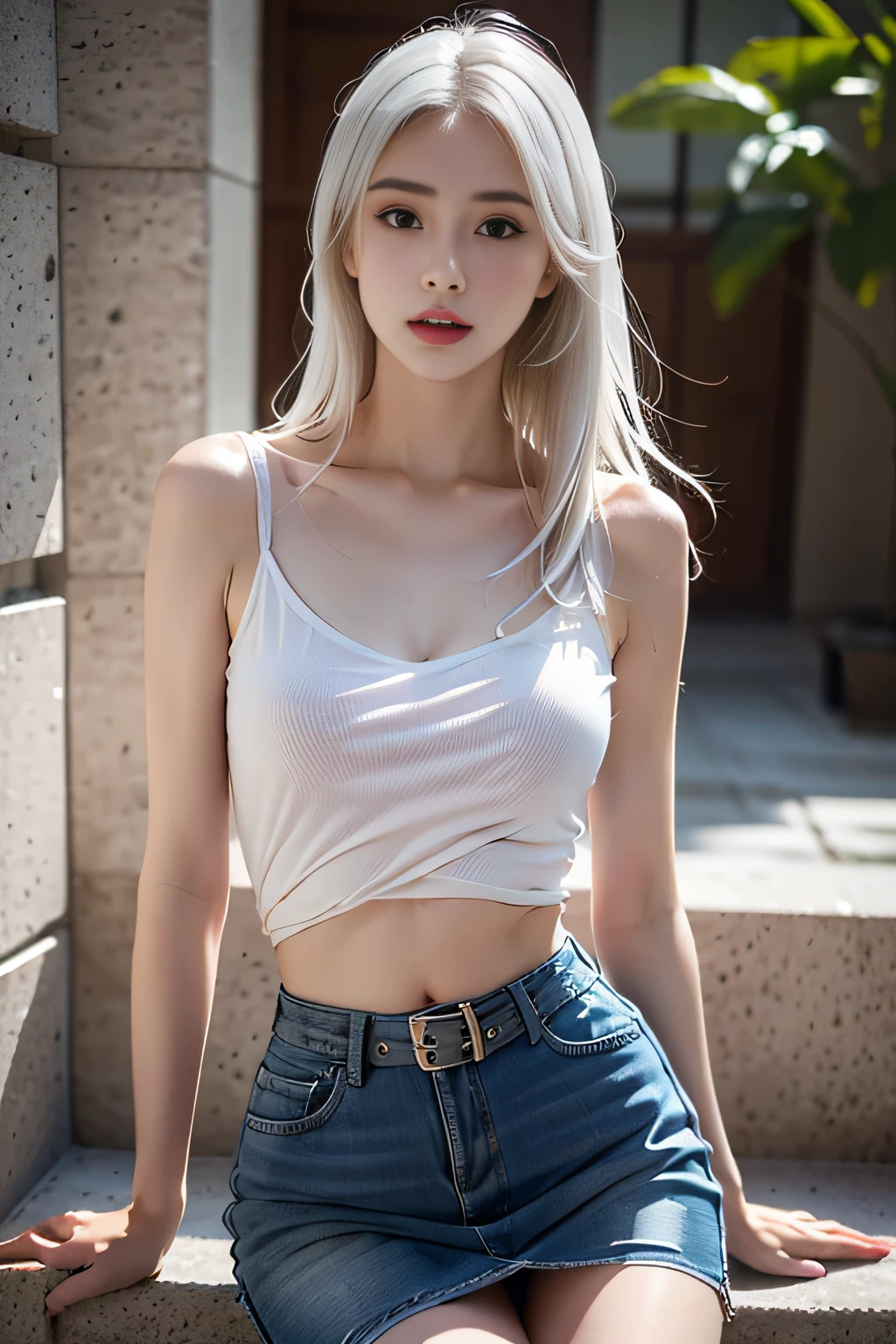 Best quality, Masterpiece, 超高分辨率, (Photorealistic:1.4), RAW photo, (Perfect body shape), 1girll, White hair, Waist up, Solo, White OL set, Skirt