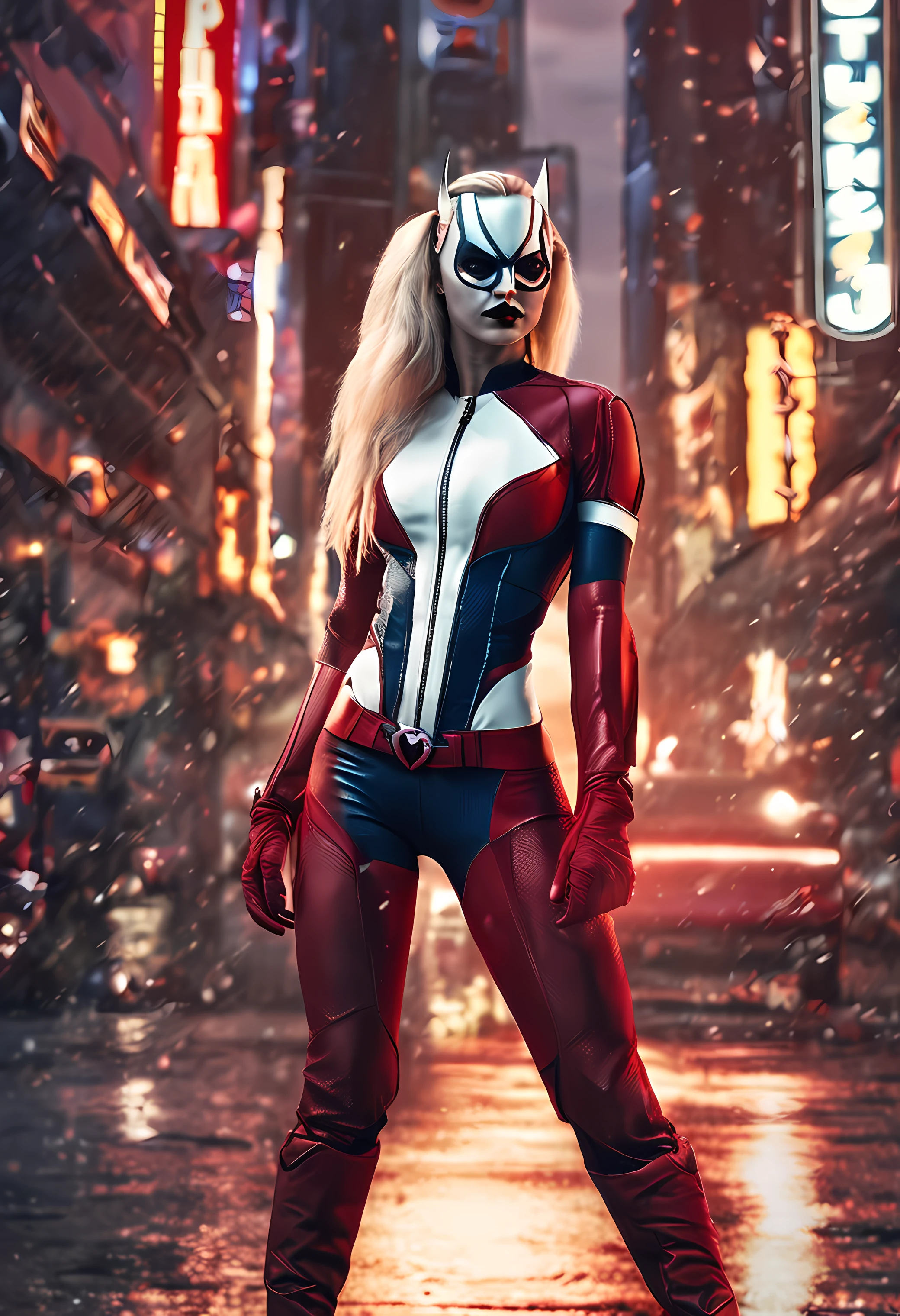 （tmasterpiece，4K, Ultra photo realsisim，The is very detailed），（White superhero theme，Glamorous，There was a girl at the top of town，Wearing a Harley Quinn costume，she is a superhero），[（30 age old），skirt（Long blonde hair：1.2），White all over，（eBlue eyes：1.2），（（Harley Quinn pose），Show power，jump from one building to another），（（sandy urban environment）：0.8）|（view over city，the night，dynamic lights），（moon full））]