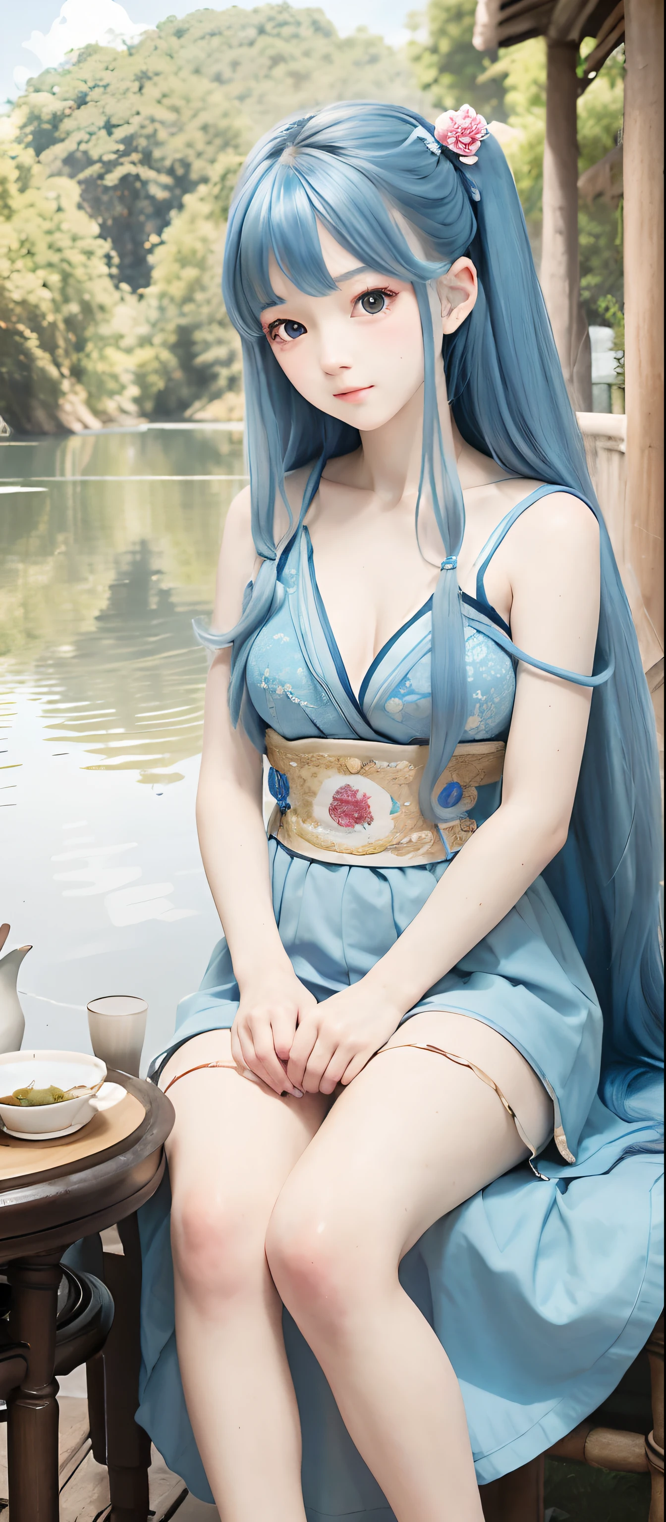 Masterpiece, Best Quality, Official Art, 8k Wallpaper, Very Detailed, Illustration, 1 Girl, Sky Blue Hair, Long Hair, Detailed Eyes, Forrest Gump, Bare Shoulders, Hanfu, Lake, Pure, Soft Smile, bamboo, tea