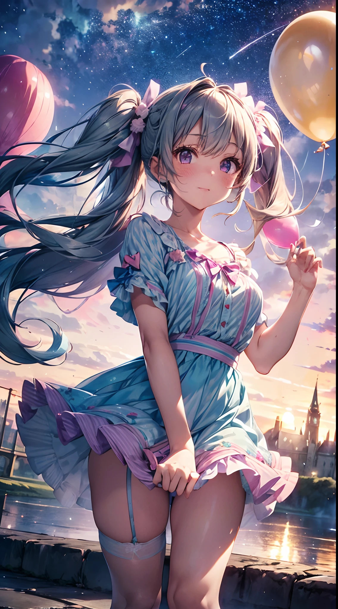 (fullbody, legs and shoes visible: 1.2)) expressive eyes, 1girl, pale skin, long hair, windblown hair, ((absurdly long hair)), long sidelocks, hime bangs, hair fringe, hair bun, ((very long twintails)), iridescent hair, light pink hair, blushing, full face blushing, big sparkling pastel purple eyes, (gradient eyes), open mouth smile, cute pose, ((holding balloons : 1.3)) 
((cute and pastel fashion)) ((🦄🎠🎈🎉 theme : 1.4)) flowy pastel dress, ((dreamy multicolored open dress)), (floating ribbons), lavender ruffles, pink frills, (light blue lace), detached short sleeves, puffy skirt, ((rainbows and stars print skirt : 1.3)), ****ta skirt, purple bows, ((pompon ribbons hair ornament : 1.4)), multiple bows, striped lace stockings, (heart shaped leg garter), cute (pastel purple) shoes ((hyperdetailed clothing and fashion)) looking at you, vintage girl, blushing, (beautiful detailed eyes), (extremely detailed CG unity 8k wallpaper) (best shadow), ((an extremely delicate and beautiful)), (detailed light), ((depth of field)) big head, big sparkling eyes, moe, splash art, cinematic lighting, frontal view, volumetric lighting maximalist photo illustration 64k resolution high res intricately detailed complex key visual precise linear 
((in the dreamy pastel sky background, surrounded by sunset clouds, shooting stars, castles in the clouds)) ((hyperdetailed scenery, foggy clouds, suspended by balloons, hearts : 1.3))