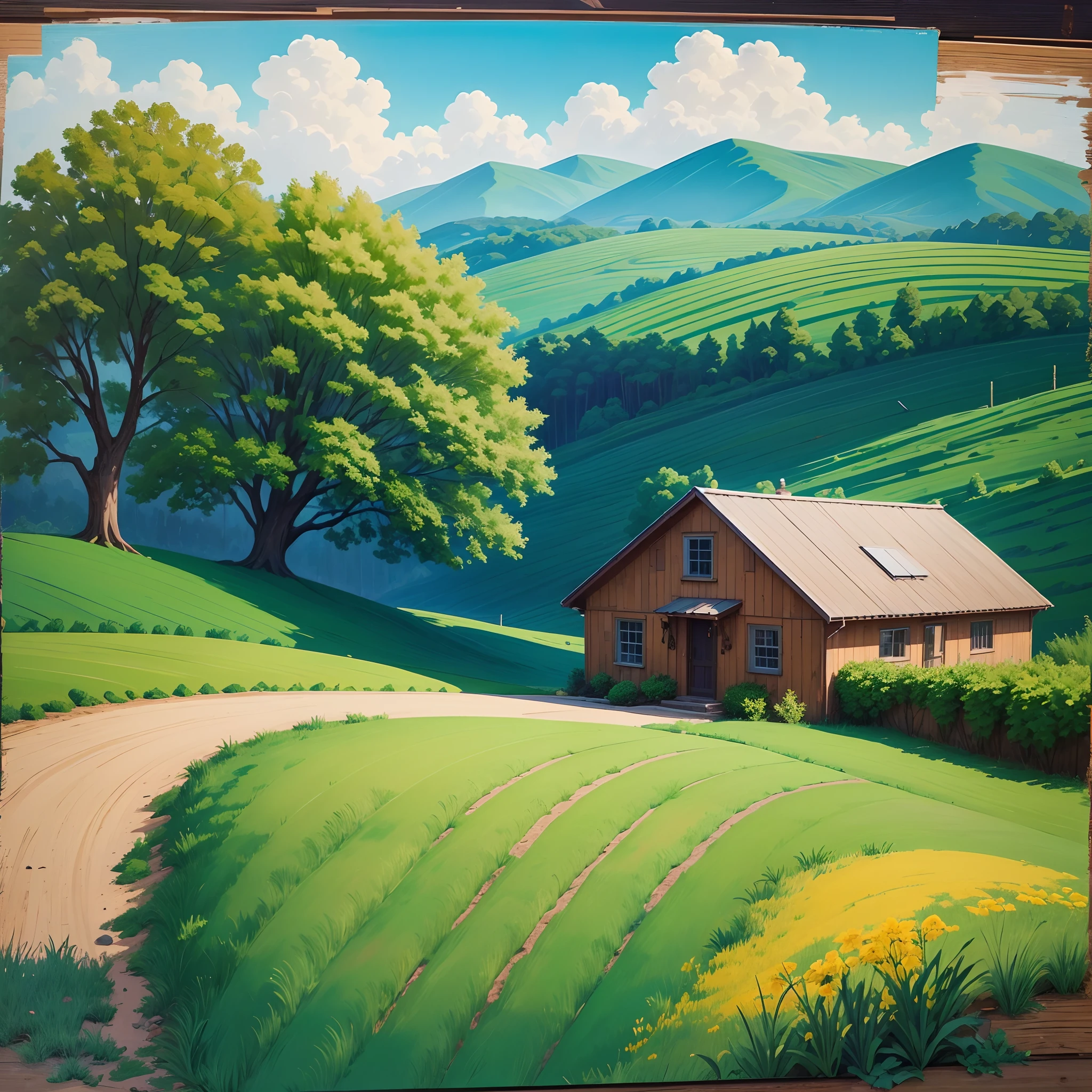 Create a summer landscape painting that captures the beauty and serenity of a sunny day in the countryside. The painting should be colorful and vibrant, using warm hues and bold brushstrokes to depict the lush greenery, rolling hills, and blue sky. You can choose to include a small stream, a few trees, or a farmhouse in the background to add depth and interest to the painting. Make sure to pay attention to the placement of the elements and the overall composition of the painting to create a sense of balance and harmony. Use your imagination and creativity to bring the scene to life on the canvas, and feel free to experiment with different techniques and styles to achieve the desired effect. --auto --s2