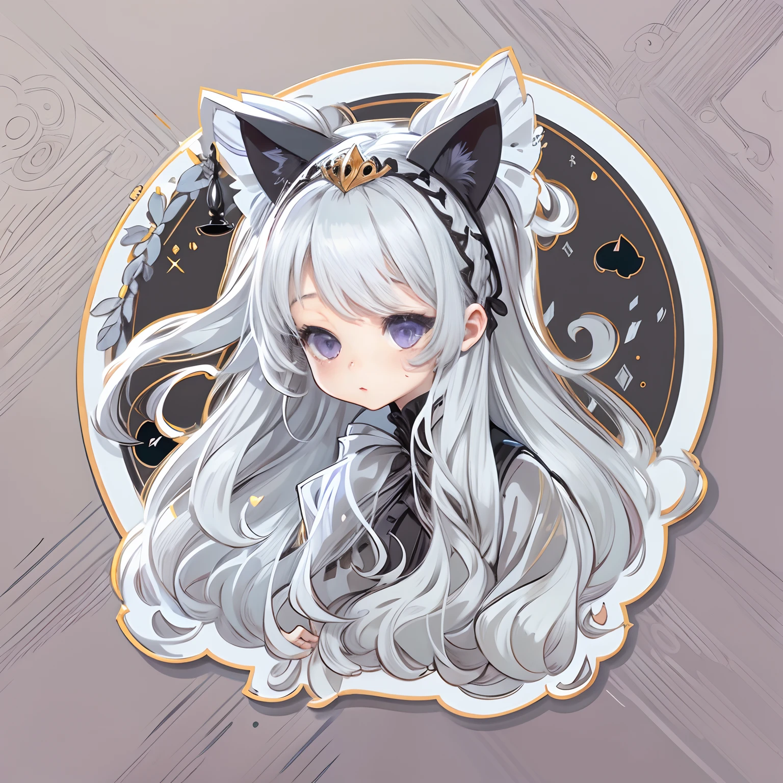 Sticker, Cute anime girl head, long layered silvery white hair,Light purple eyes,pouty,Black dress,Black princess dress,There is only one black cat,in circle, White background, Gold border,Simple, Ultra detailed, Detailed drawing, vectorised, Silhouette, 8K, professional sticker design, Flat design, Vector lines, Sticker, Drawing, Drawing, Full-HD