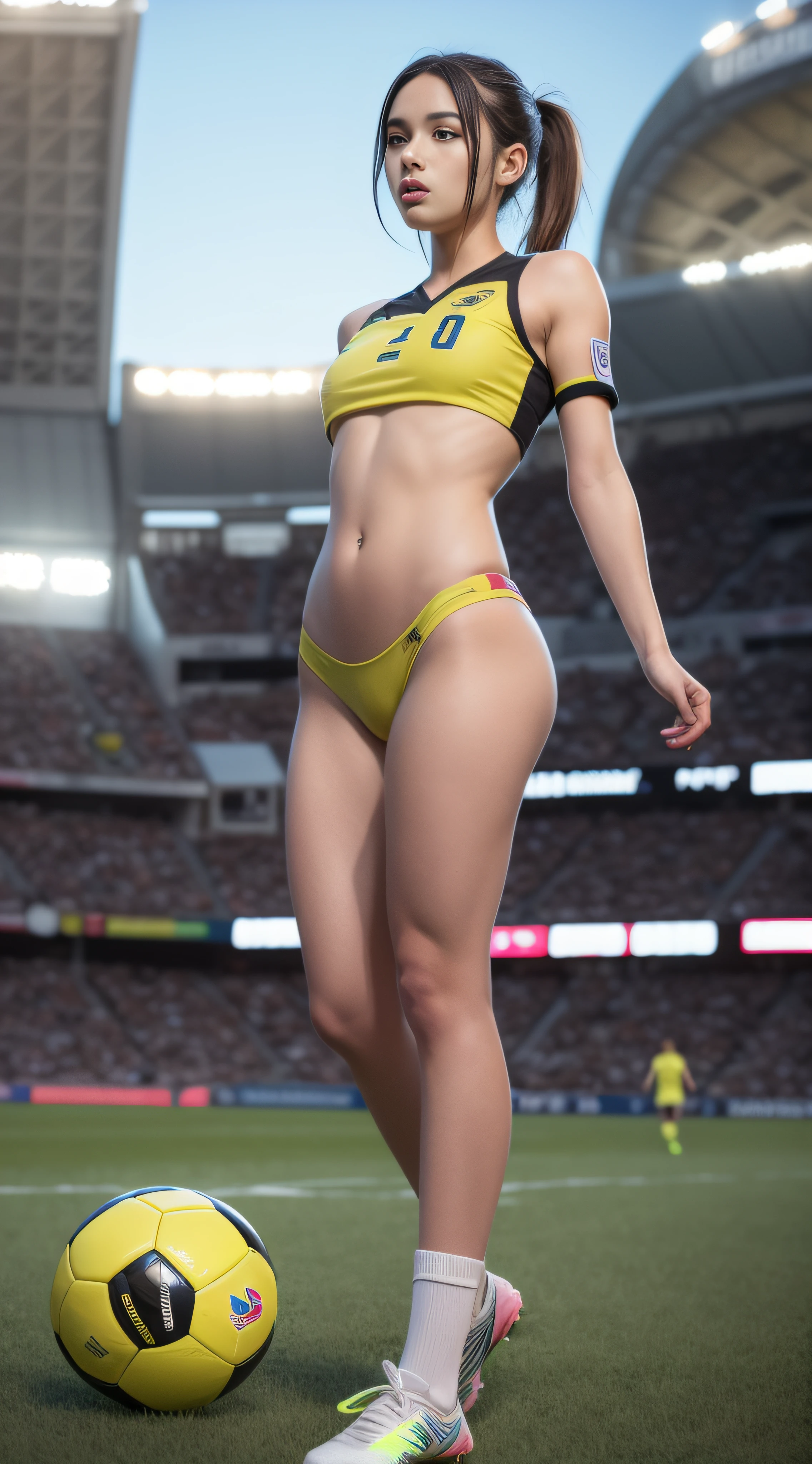 Breathtaking, Masterpiece, Digital Illustration, Bodyart style, without clothes. From below A young beautiful female soccer player standing with a soccer ball on ground with bodyart without clothes, with fireworks at the back, bodyart pinted detailed soccer uniform. Intense look. Perfect face, Big circular sharp eyes. fuller lips. Dewy face. Anatomically correct. illustrative, painterly, matte painting, highly detailed. Shallow depth of field, Stadium light. Art by Ilya Kuvshinov, Monge, Bowater, Loish, Pino Daeni. High definition, high resolution, 8K, 3d render, unreal engine, hyperdetailed, sharp focus, best quality, masterpiece, post-processing, perfect result. breathtaking beauty, pure perfection, everything perfect, perfect anatomy, divine presence, unforgettable, impressive, breathtaking beauty, Volumetric light, auras, rays, vivid colors reflect. Energy, molecular, textures, iridescent and luminescent scales.