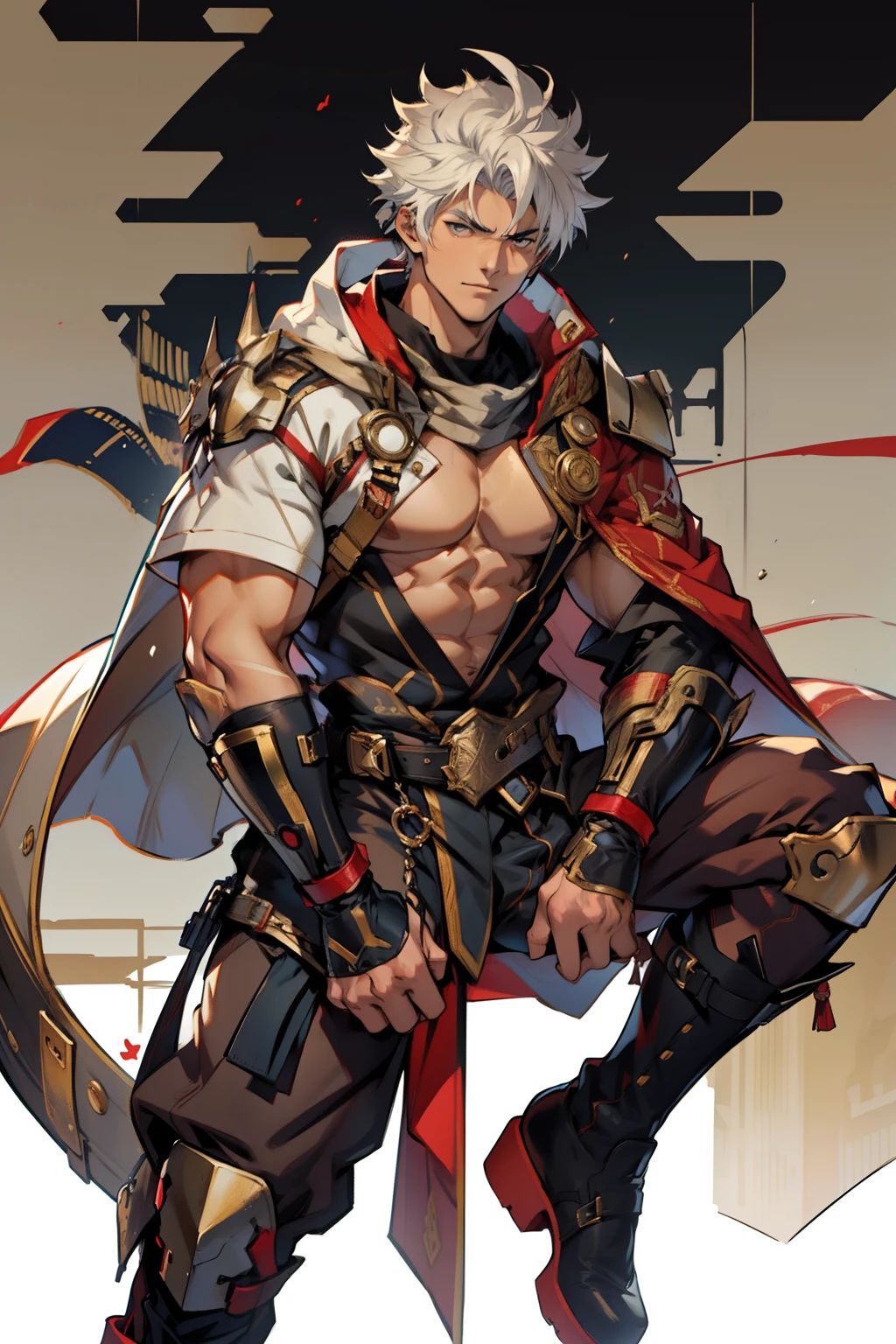 Highest image quality，male people，child，1 boy，Young and handsome，shoun，White color hair，Short flat top hair，Dark  skin，anime big breast，anime wallpaper，Solo，malefocus，Briefs，Dilation of the pectoral muscles，Red cape，Bulging crotch，Urban background，spread their legs，Sexy,(Masterpiece, Best quality),Long white socks，Red Martin boots，